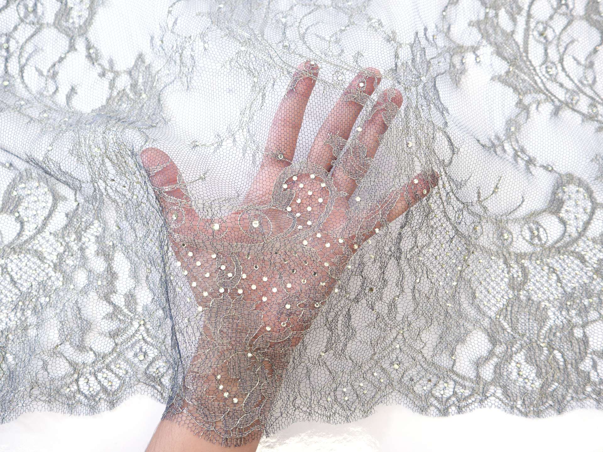 Metallic Chantilly Lace with Floral Filigree in Gold and Teal