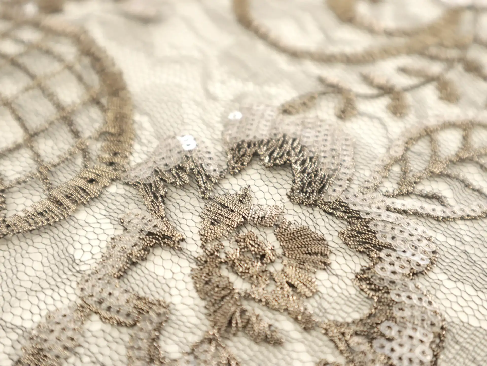 Embroidered Tulle with Floral Pattern in Antique Gold