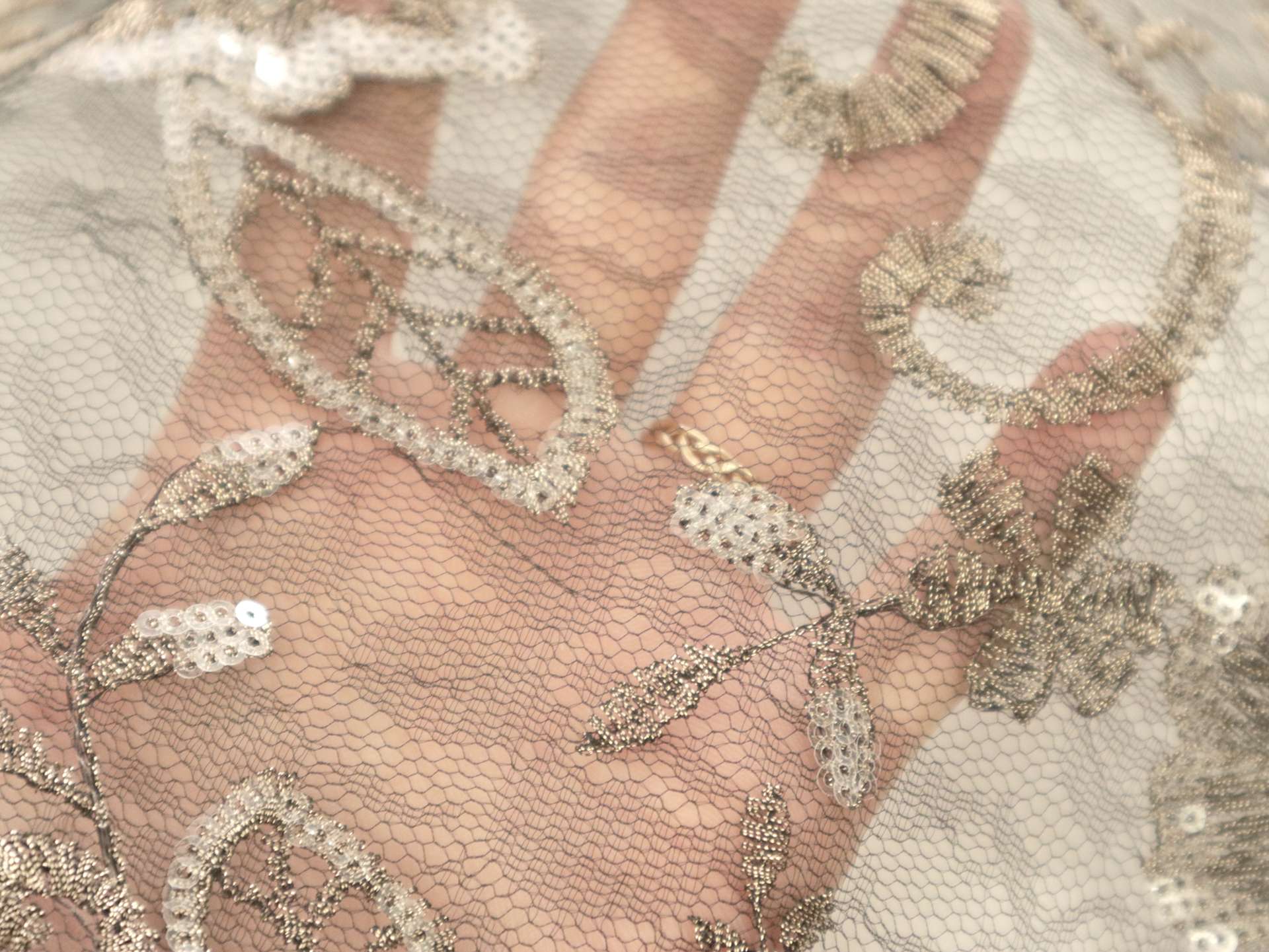 Embroidered Tulle with Floral Pattern in Antique Gold
