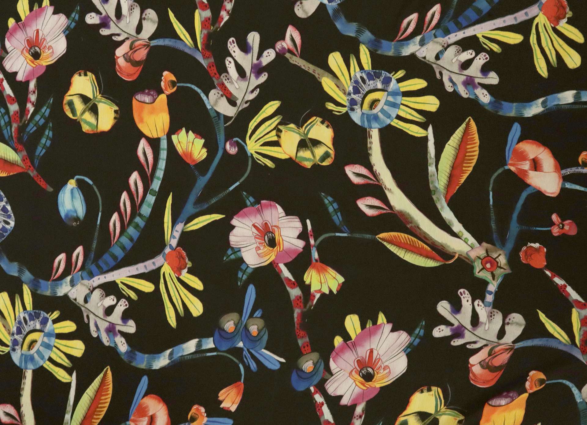 Crinkled Silk Chiffon with Floral & Animal Print On Black Background