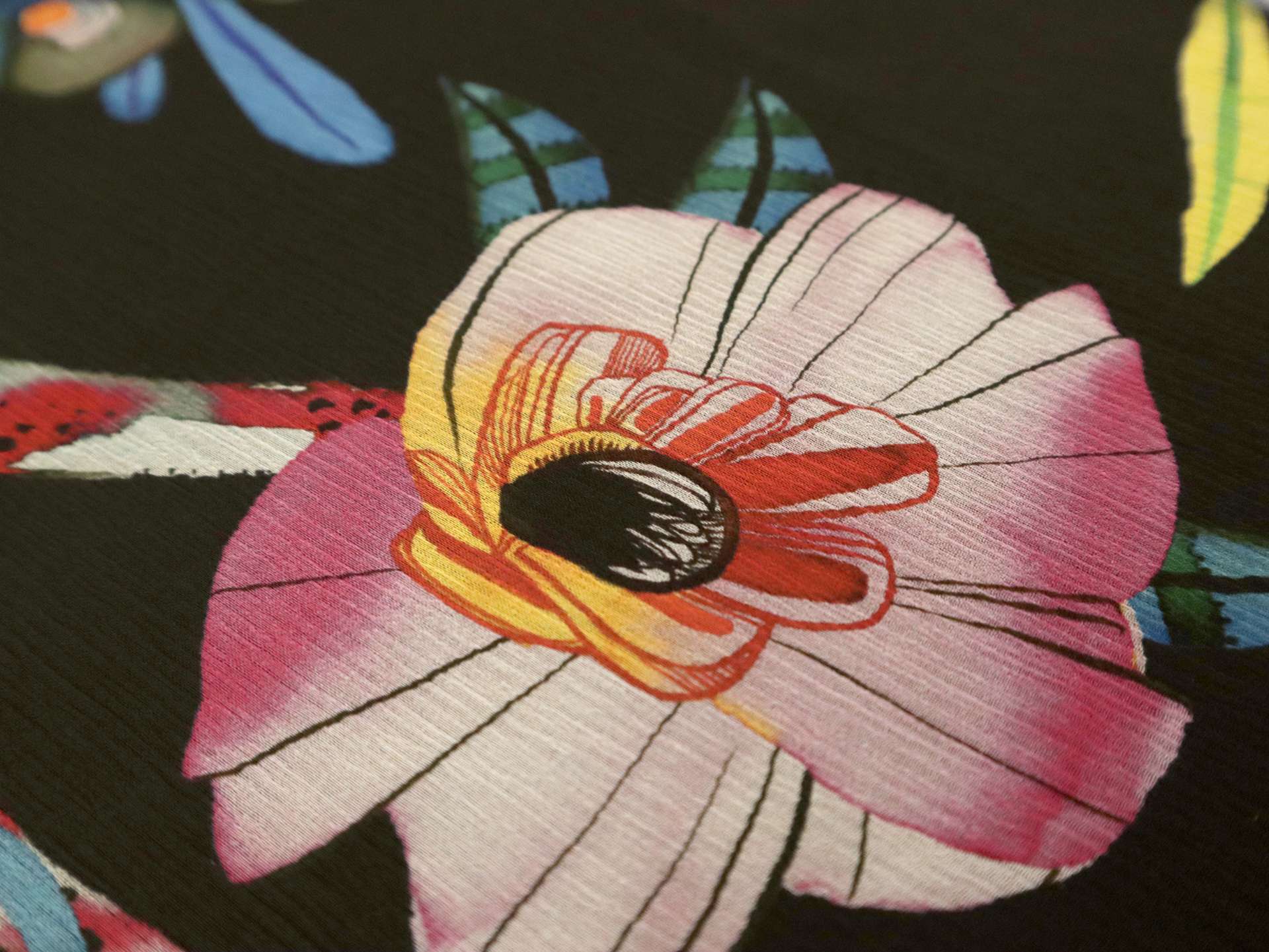 Crinkled Silk Chiffon with Floral & Animal Print On Black Background