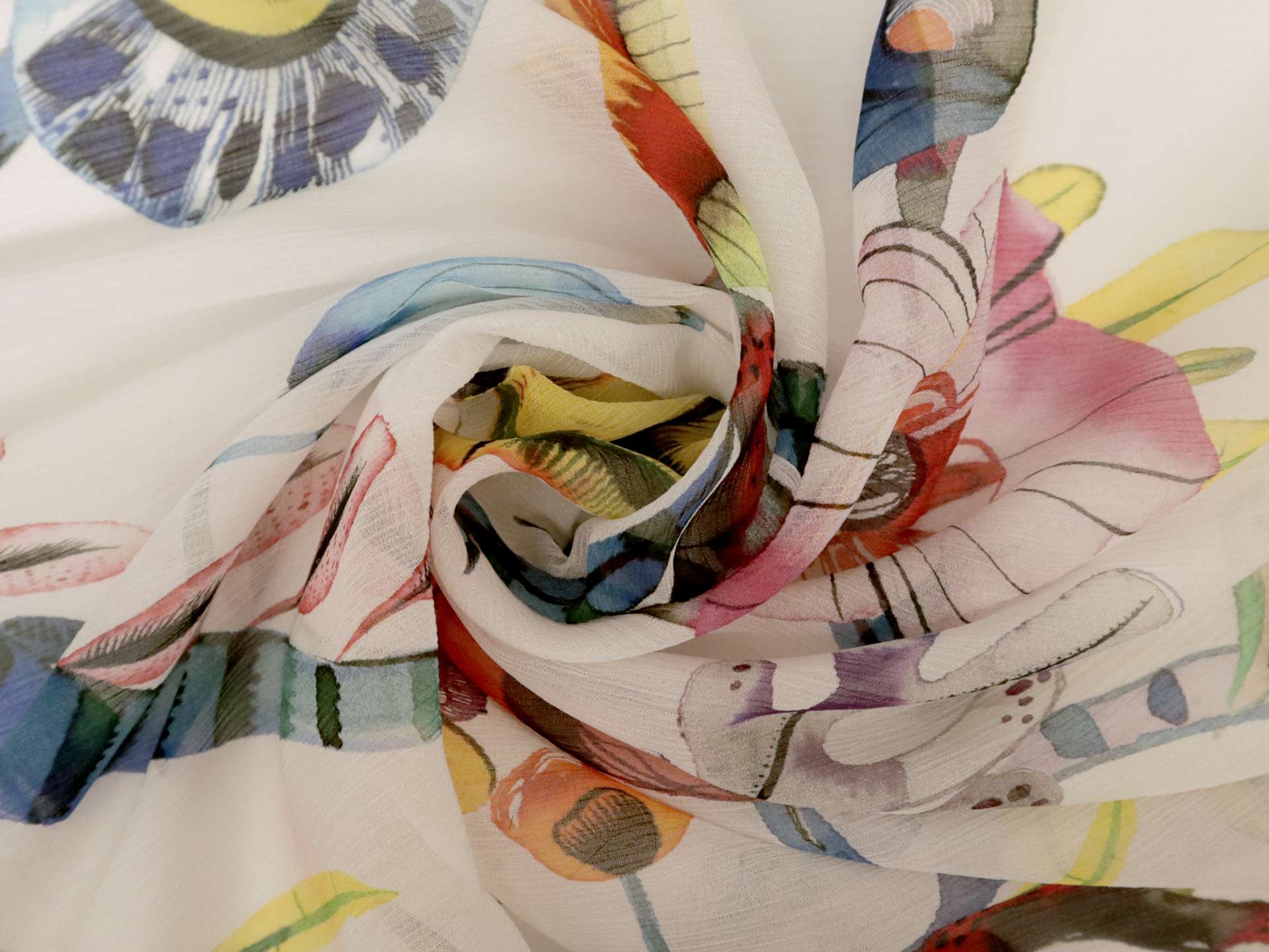 Crinkled Silk Chiffon with Floral & Animal Print On White Background
