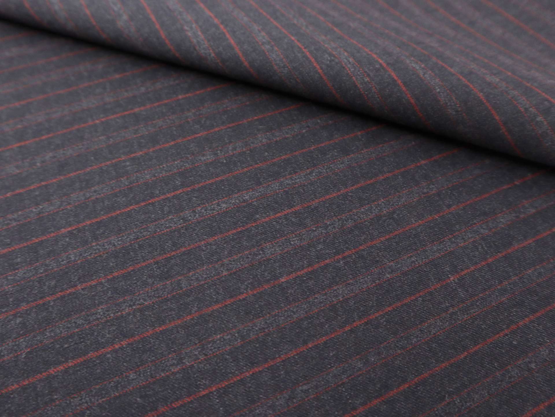 Wool Fine Flannel Striped Suiting in Charcoal & Red