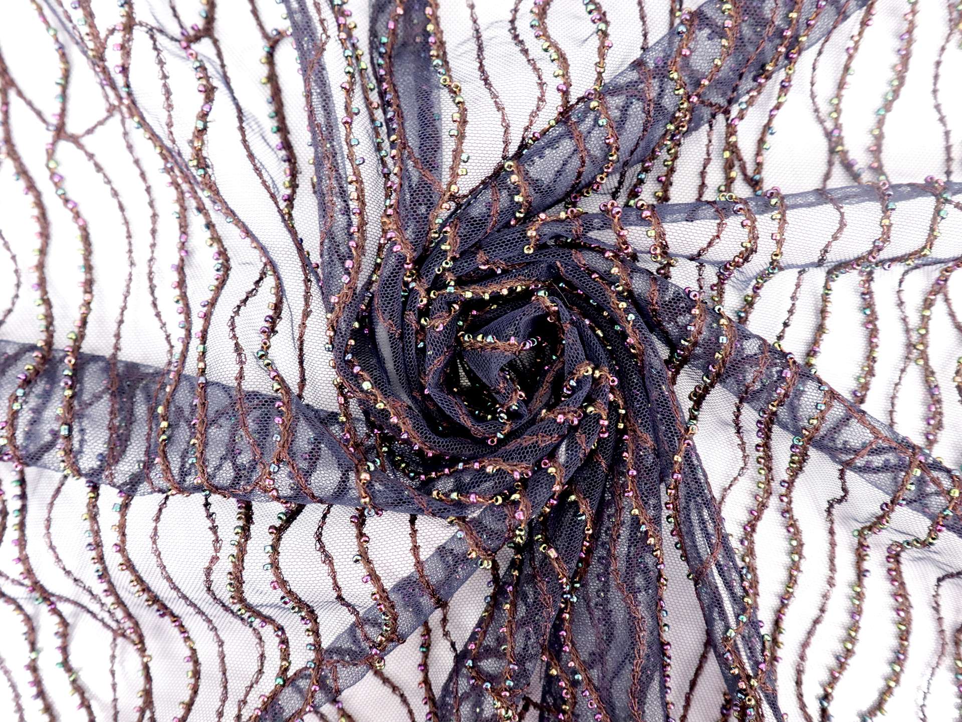 Beaded Tulle in Navy with Iridescent Beads