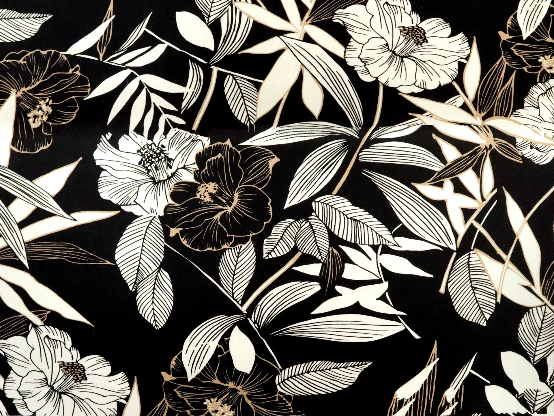 Wool Double Crepe with Floral Print in Black & White