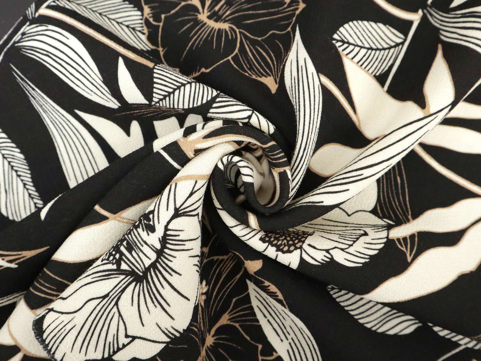 Wool Double Crepe with Floral Print in Black & White