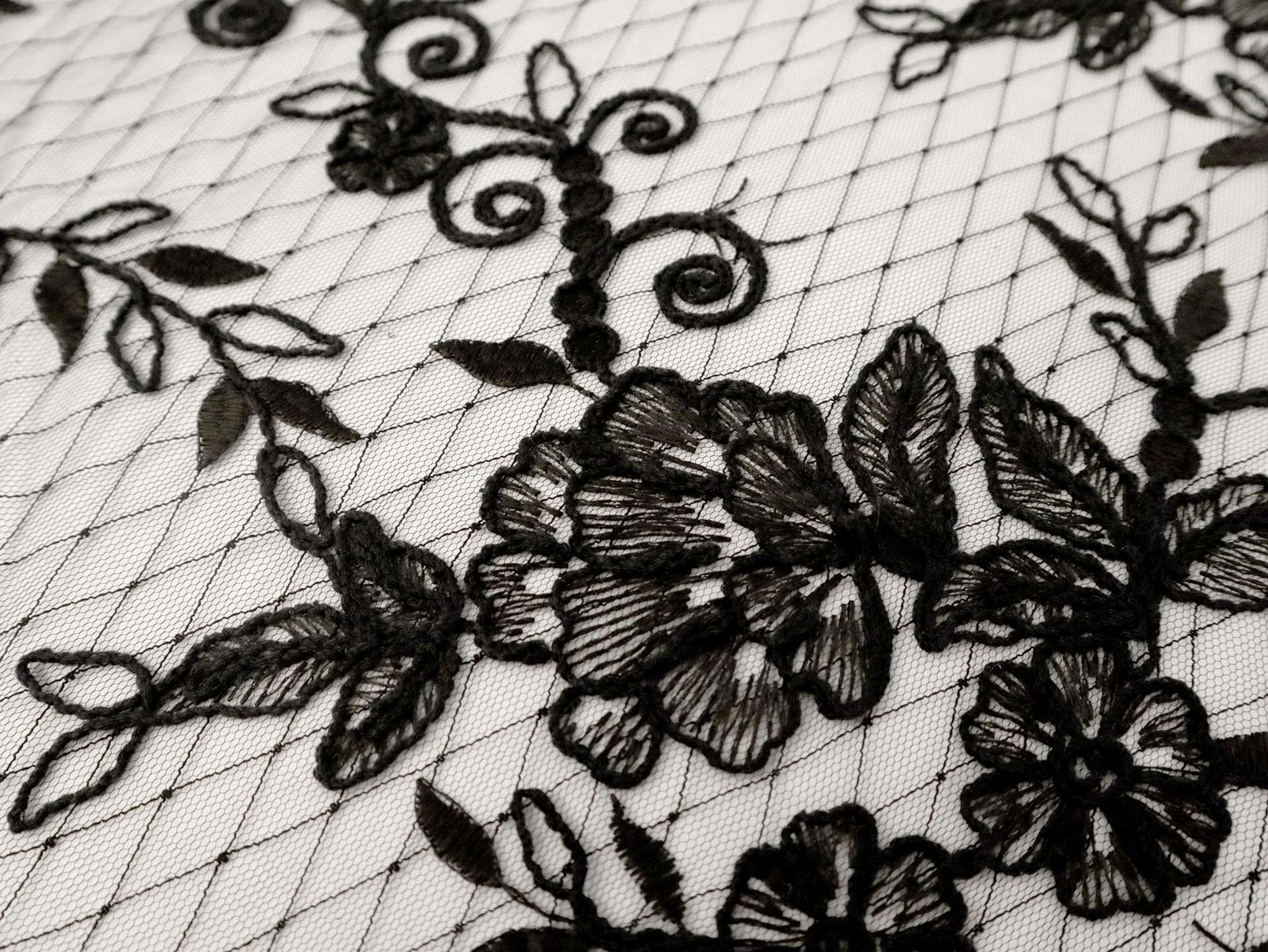 Embroidered Novelty Tulle with Floral Pattern in Black