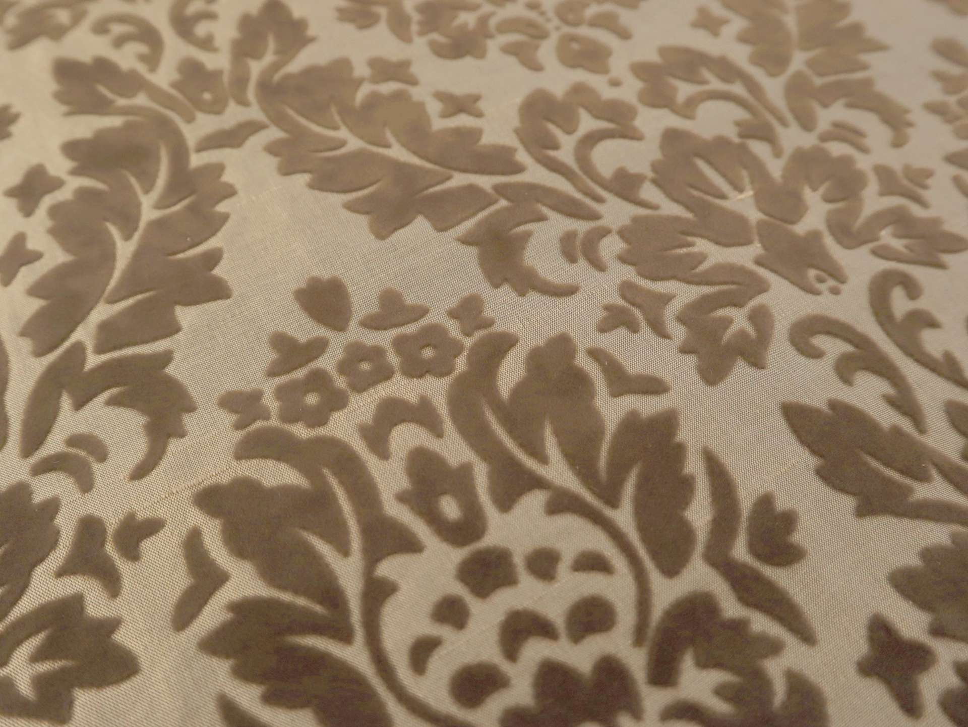 Flocked Silk Shantung with Classic Decorative Pattern in Taupe & Brown