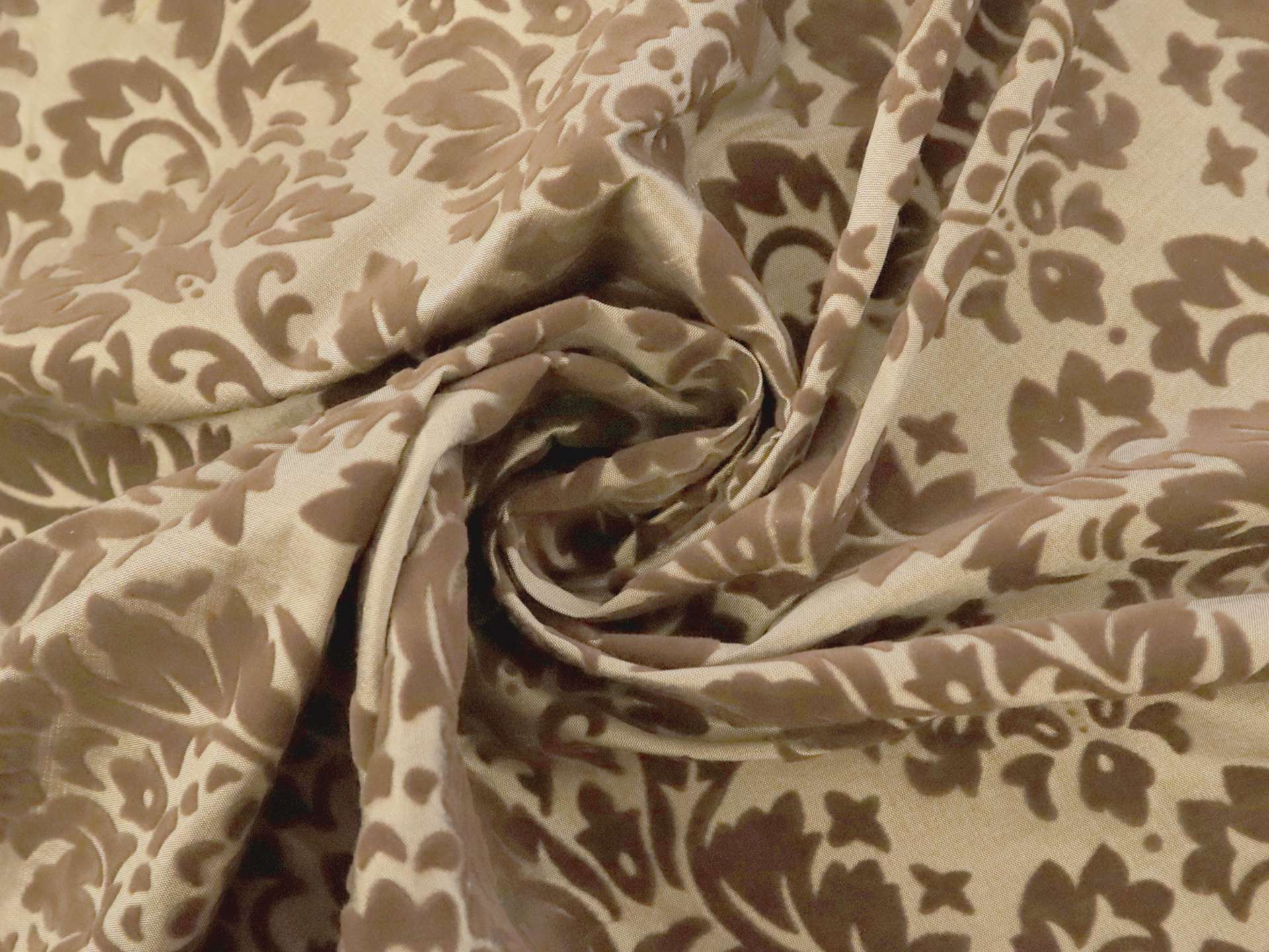 Flocked Silk Shantung with Classic Decorative Pattern in Taupe & Brown