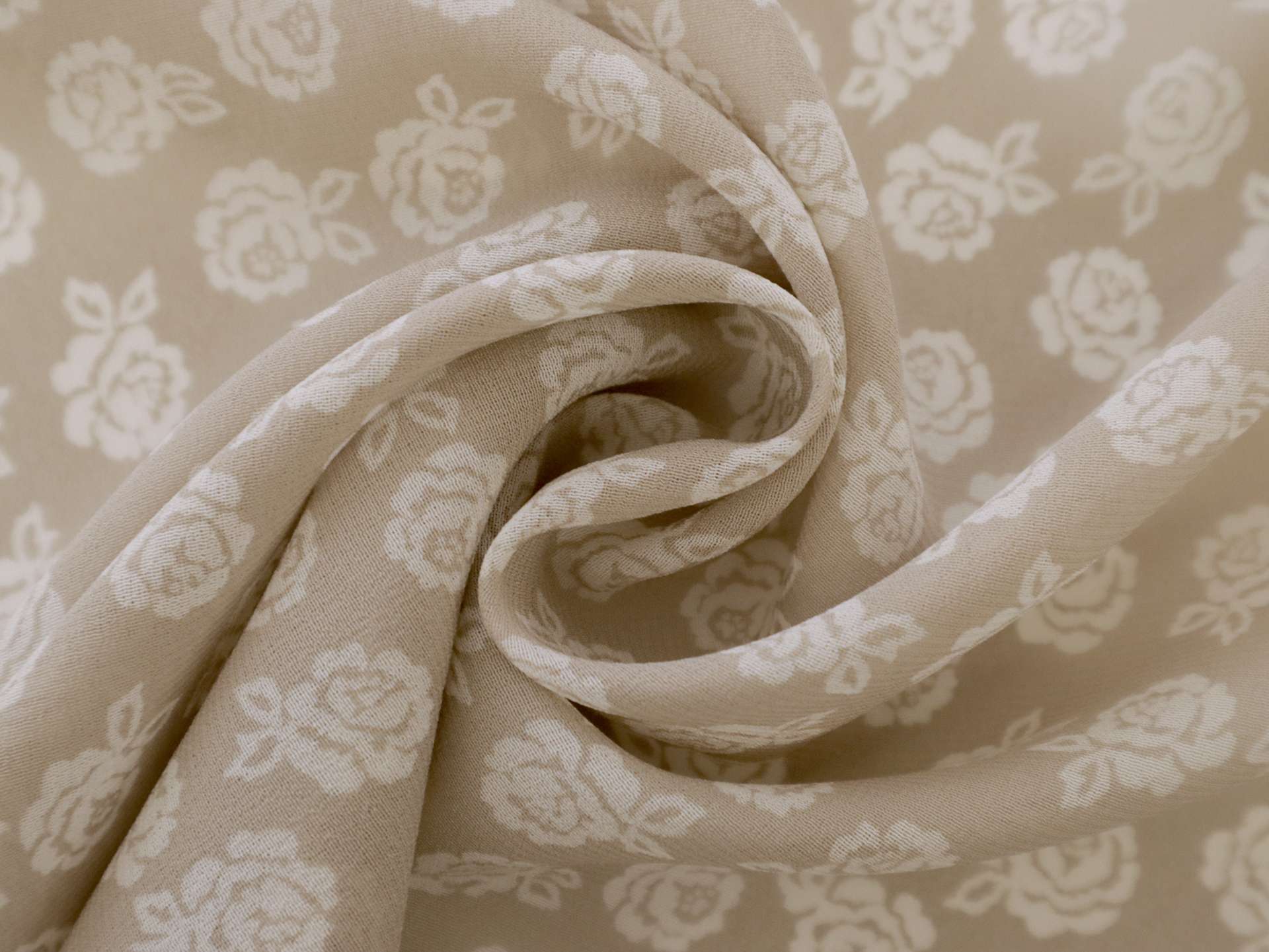 Printed Silk Chiffon with Roses On Beige Background