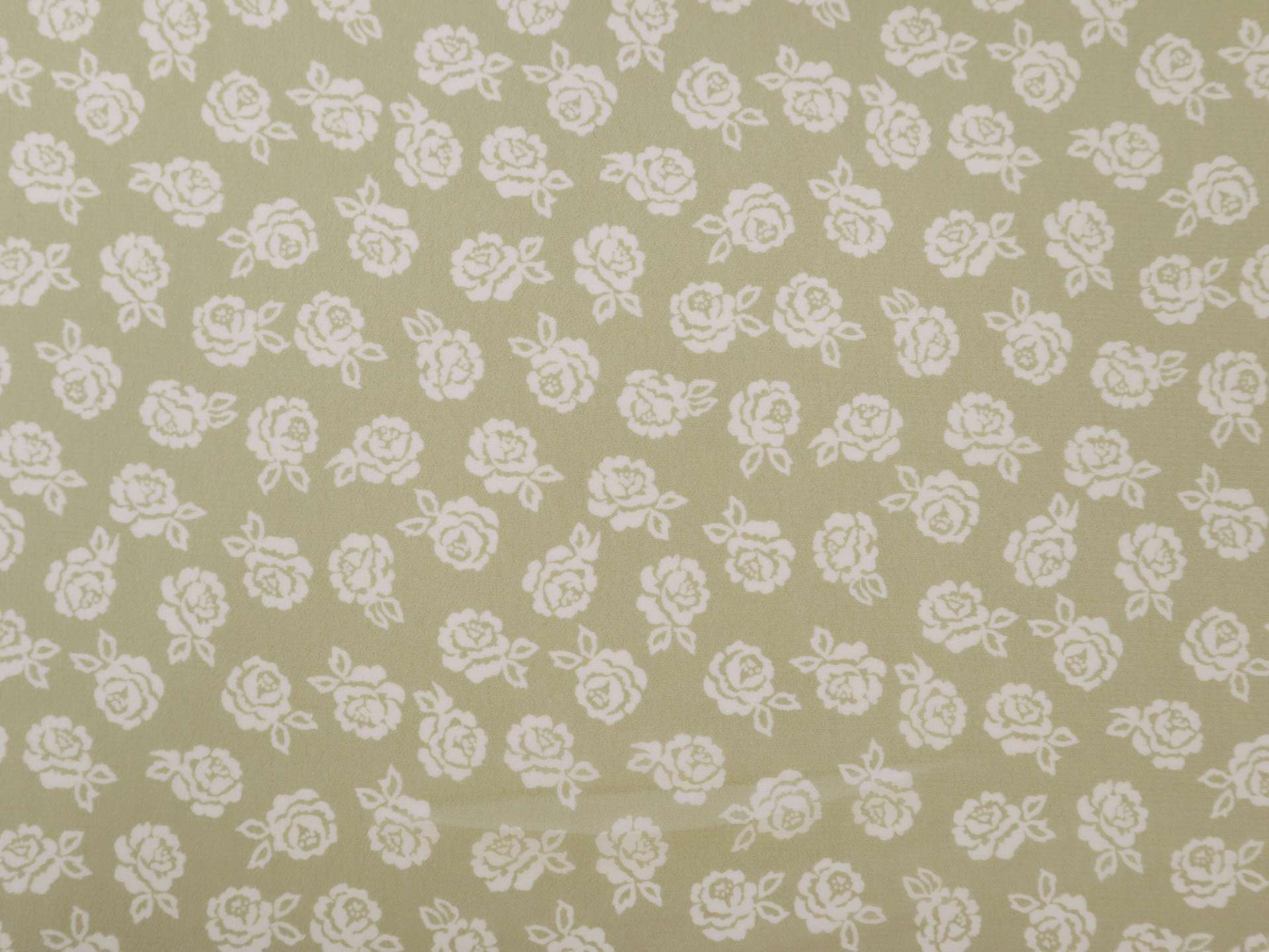 Printed Silk Chiffon with Roses in White and Sage Floral On Chestnut Background