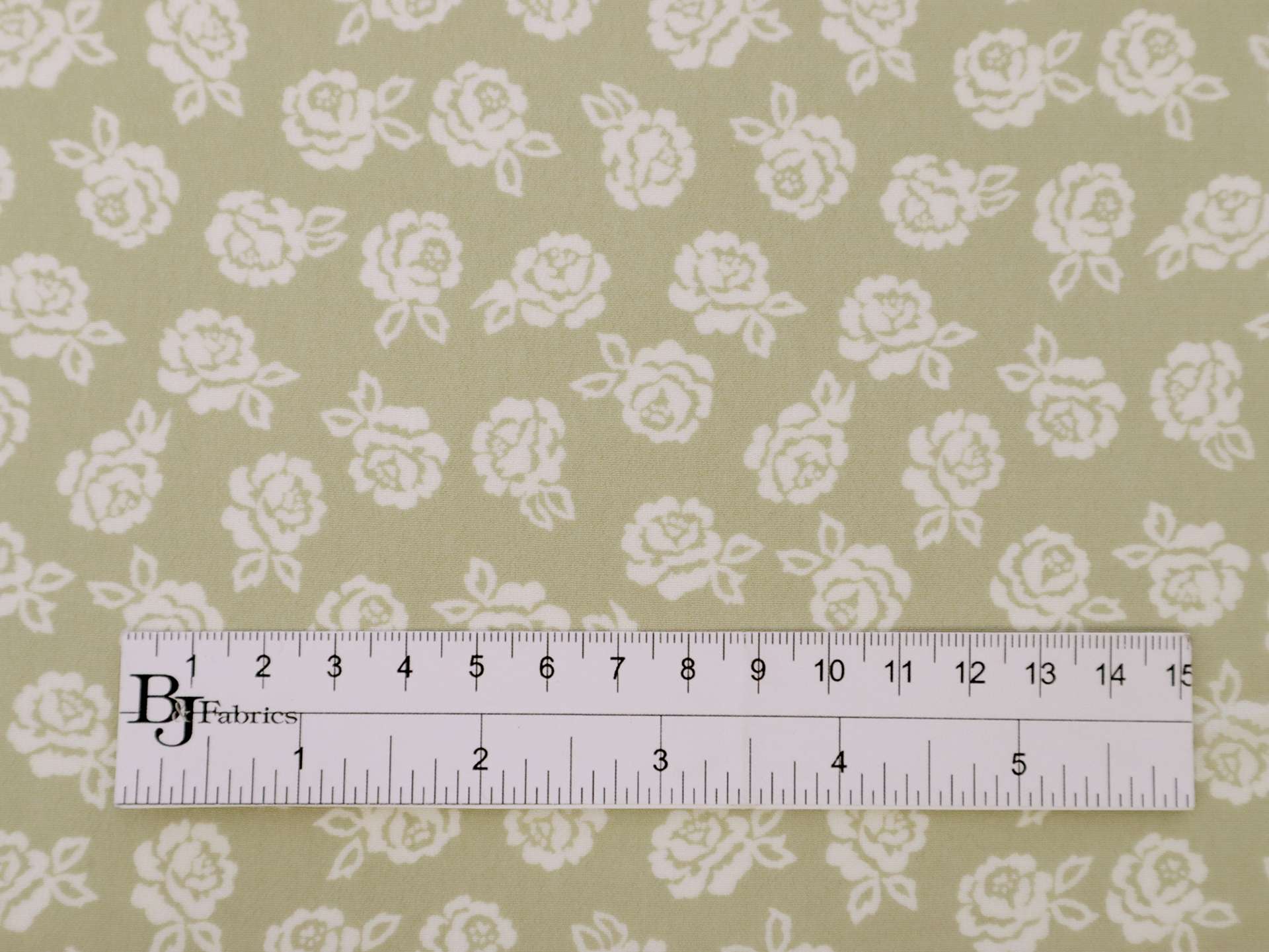 Printed Silk Chiffon with Roses in White and Sage Floral On Chestnut Background