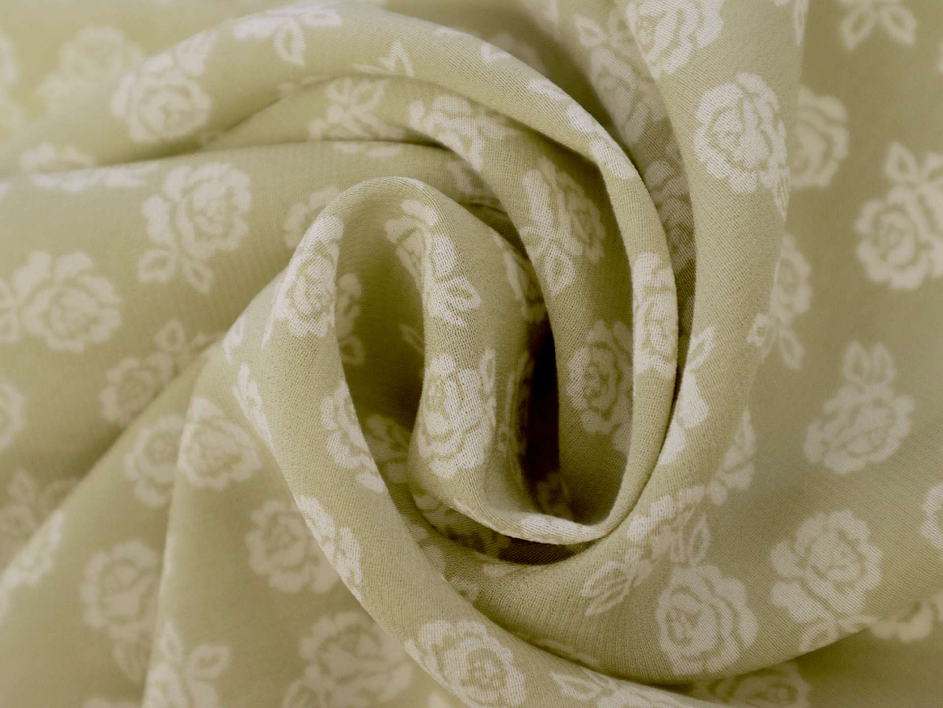 Printed Silk Chiffon with Roses in White and Sage Floral On Chestnut Background