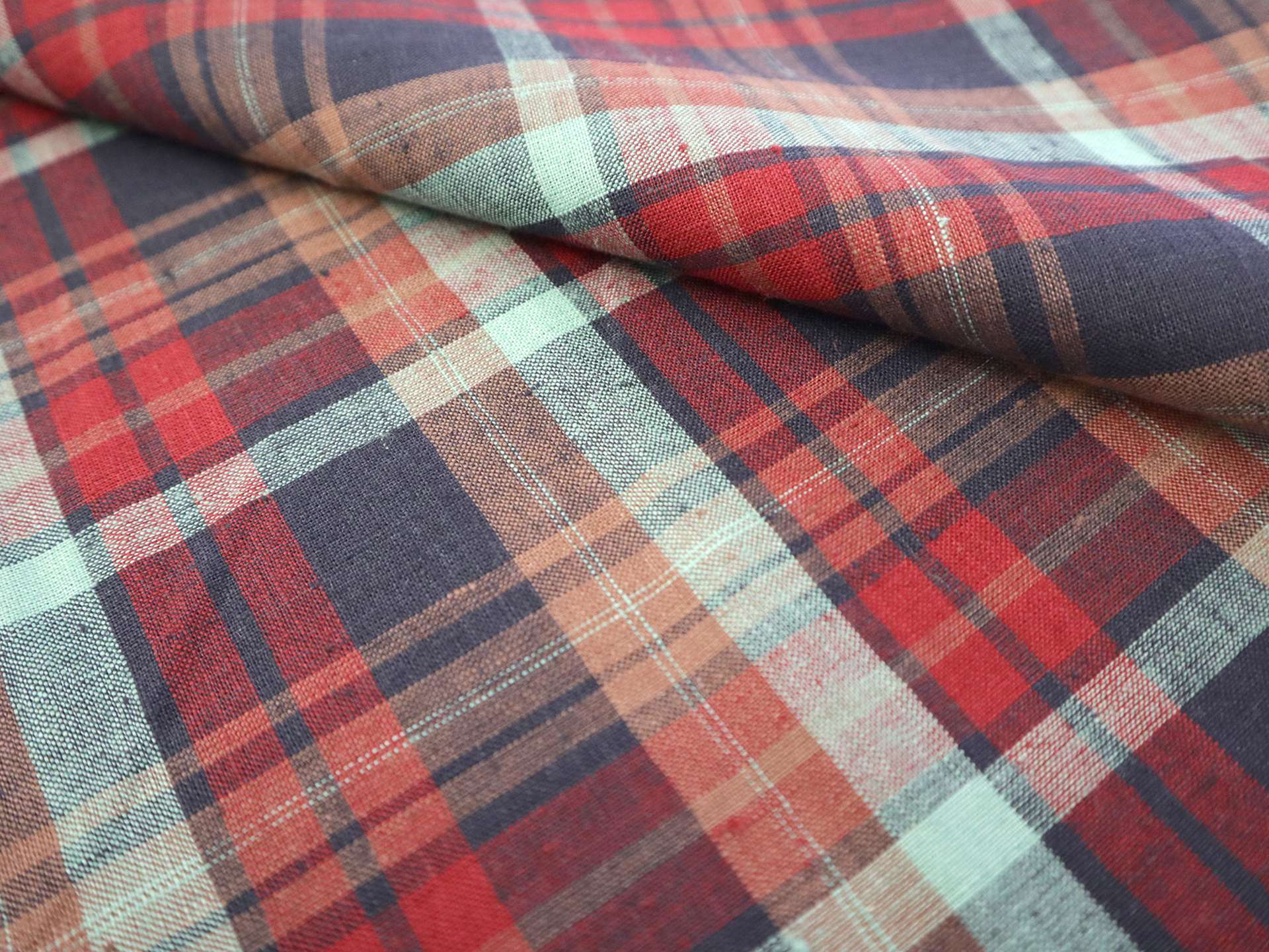 Light Weight Linen Plaid in Red, Navy & Mint