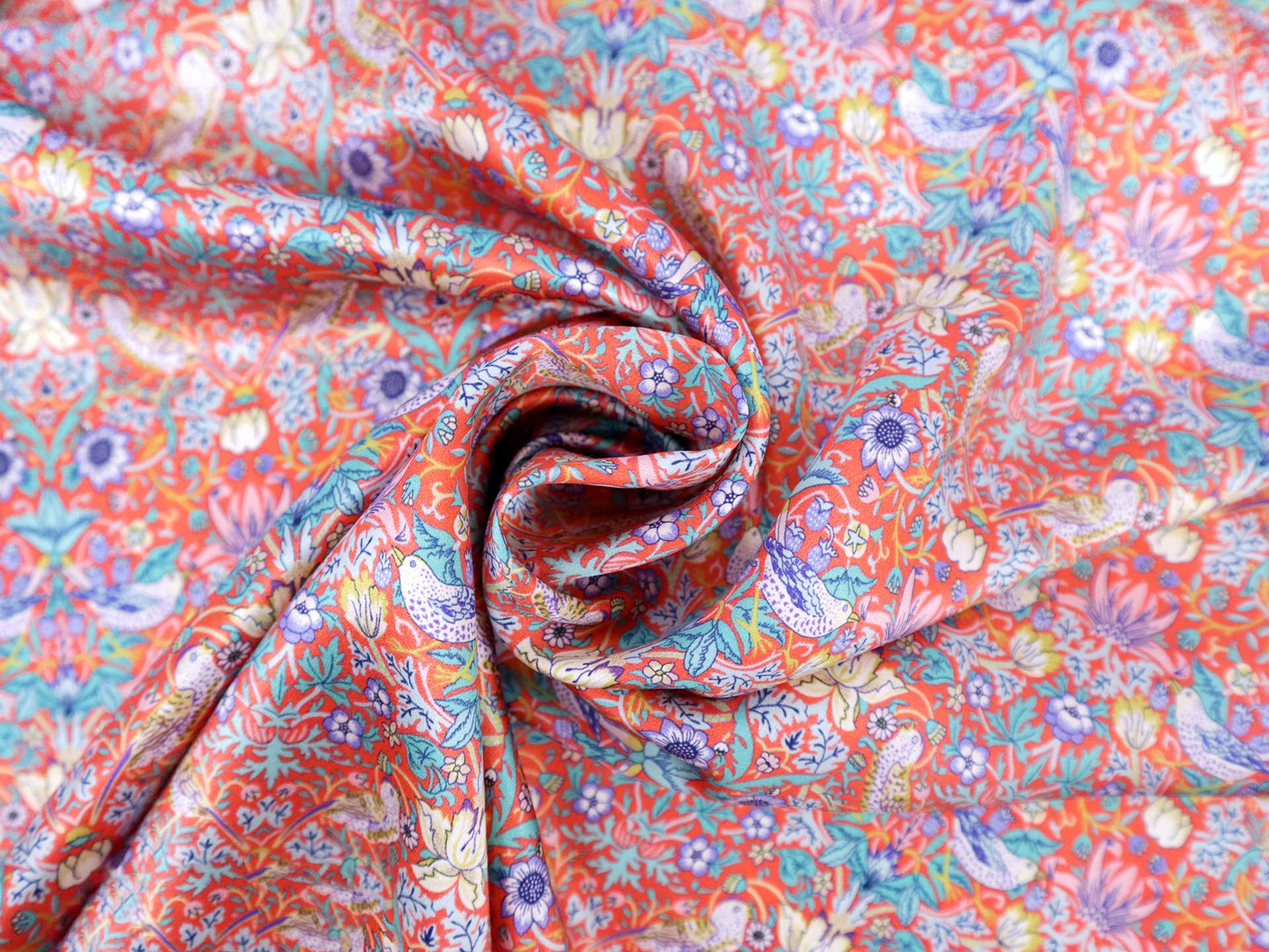 Liberty Silk Charmeuse Bird Print in Coral