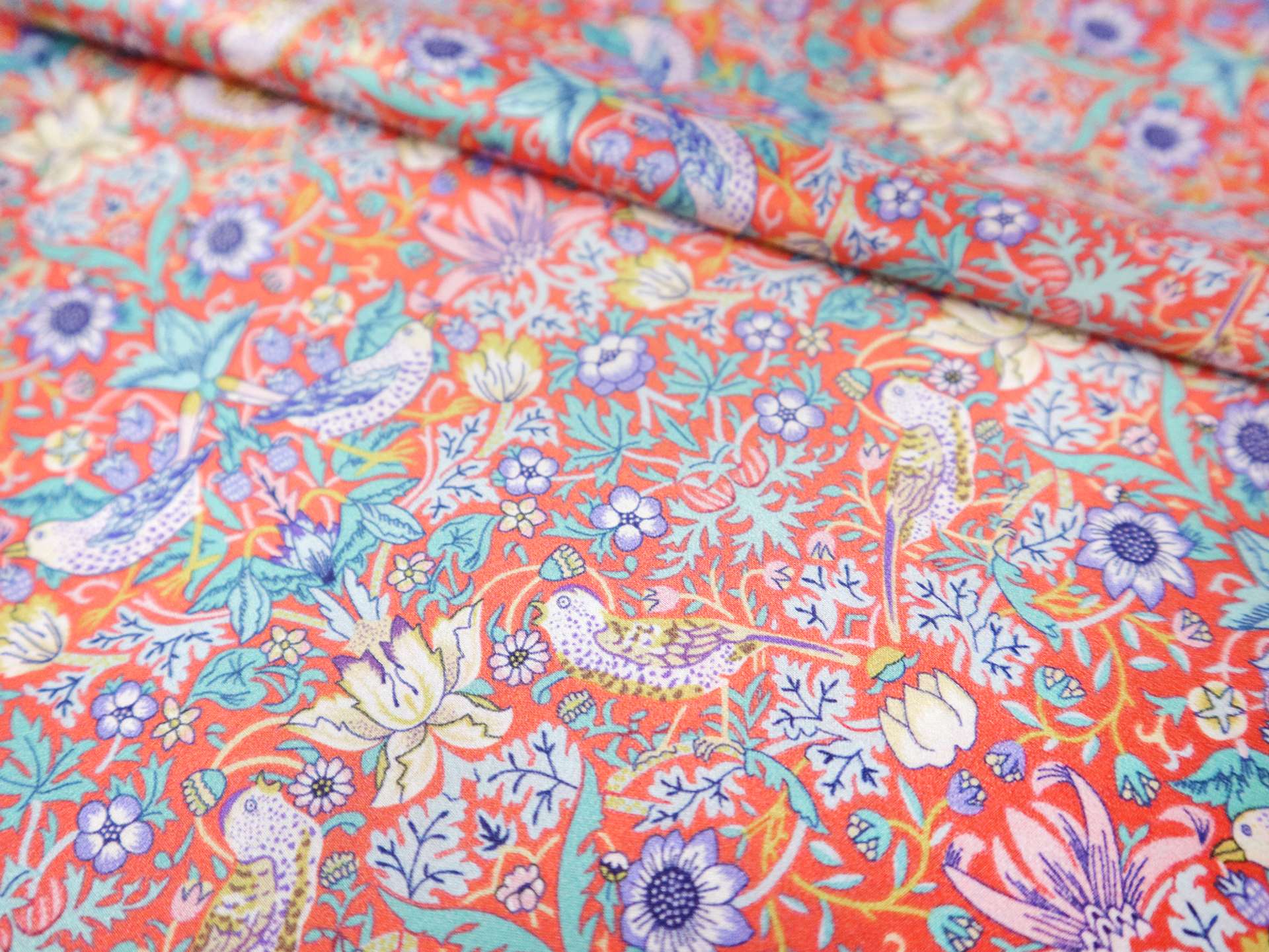 Liberty Silk Charmeuse Bird Print in Coral