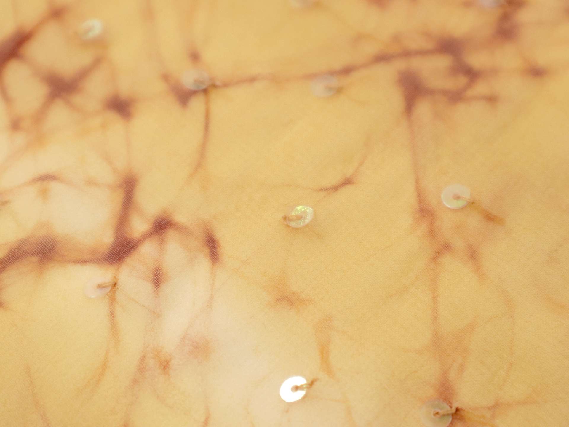 Sequins on Silk Chiffon Yellow White Green Dots Maroon Stripes On Orange Background
