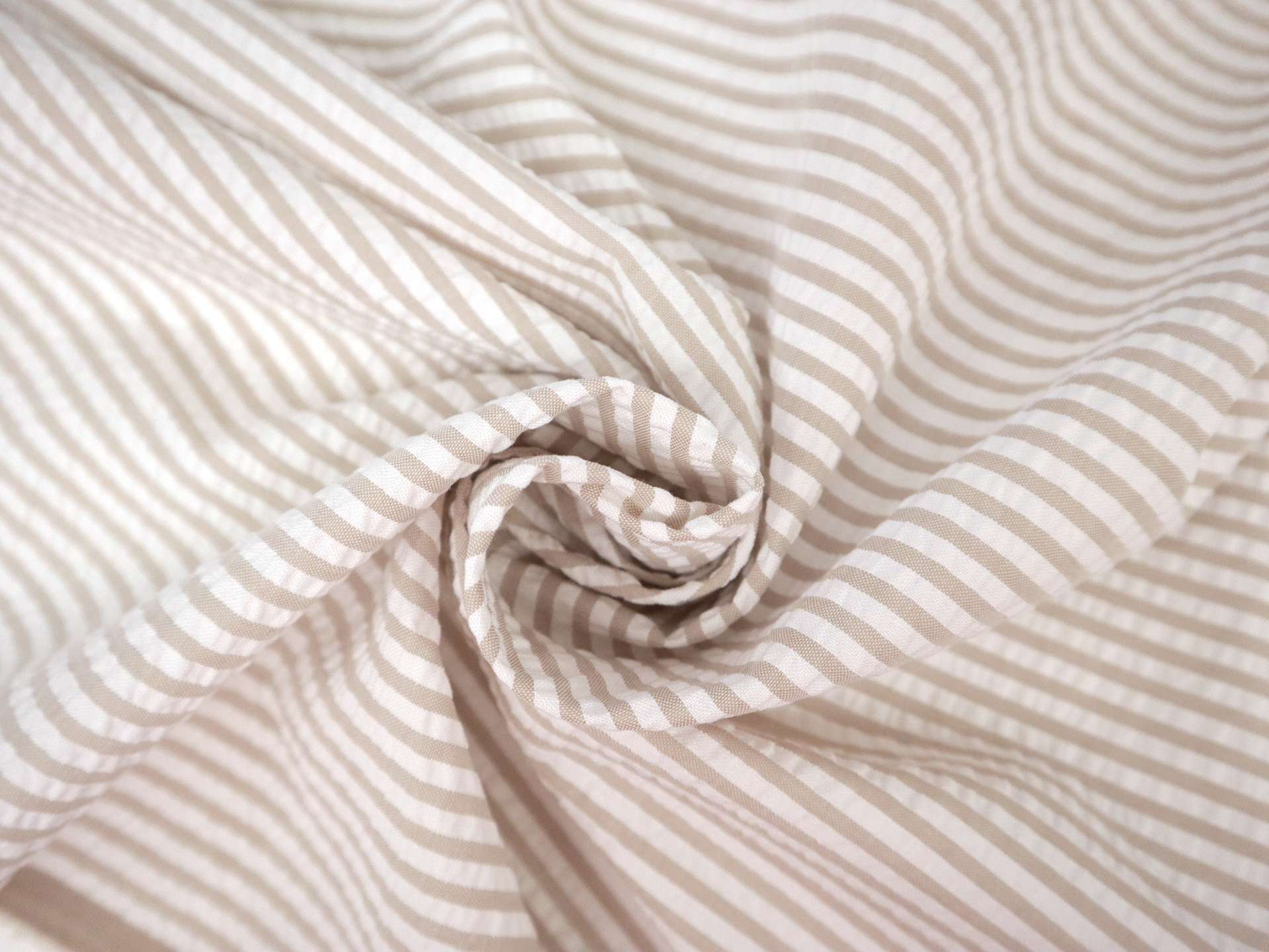 Poly Cotton Seersucker Stripe in Khaki