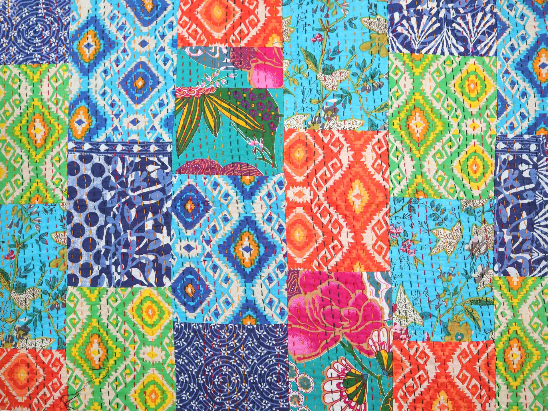 Hand Stitched Cotton Patchwork with Multicolored Patterns