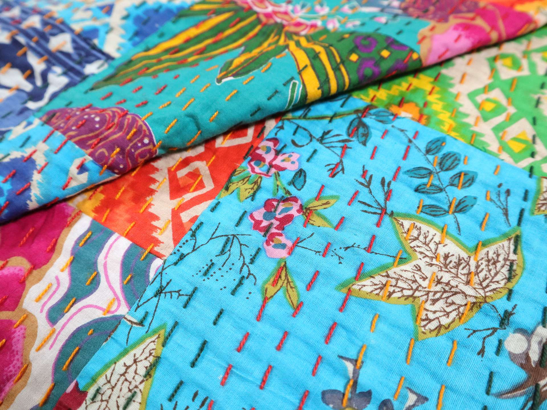 Hand Stitched Cotton Patchwork with Multicolored Patterns