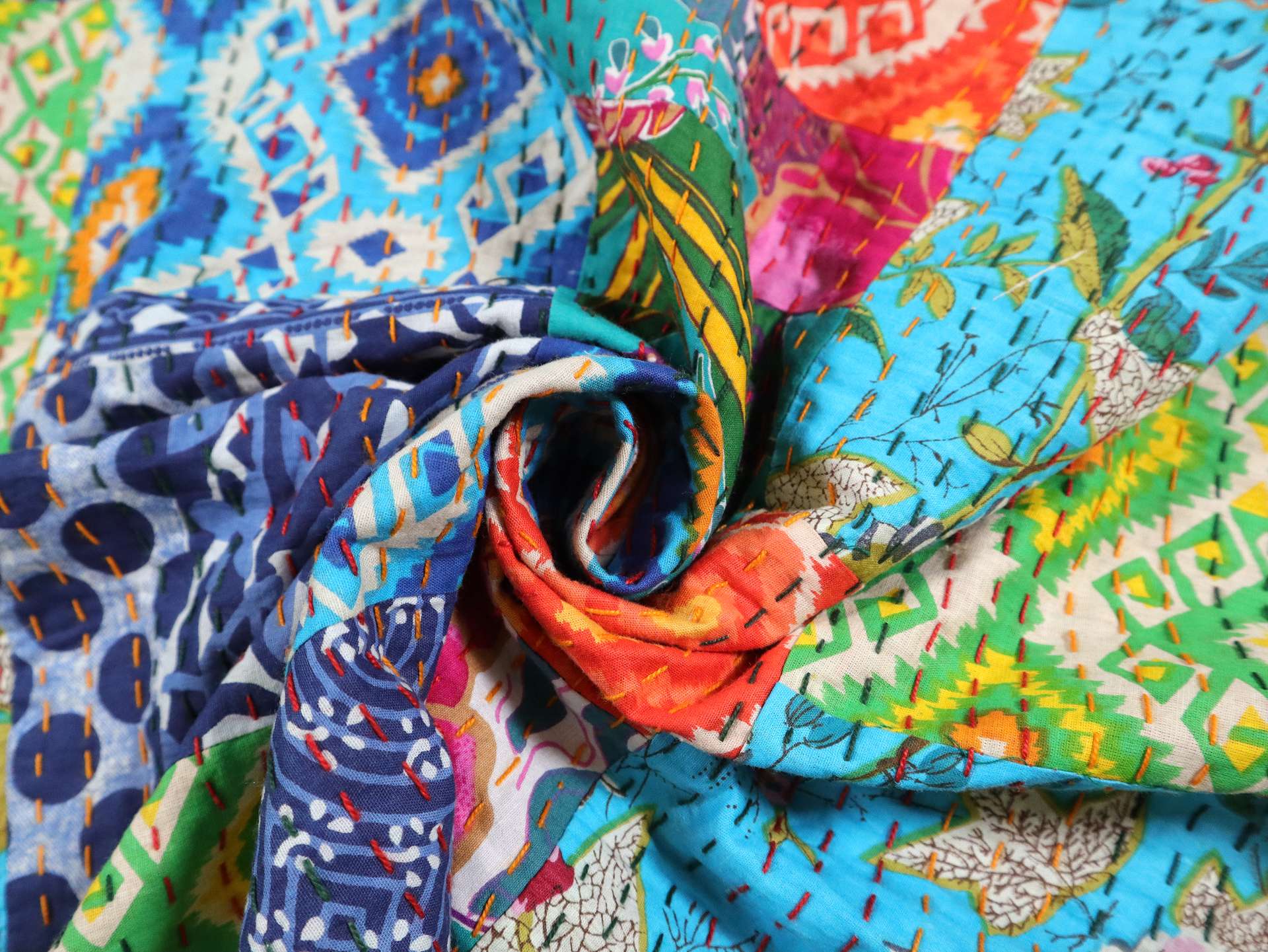Hand Stitched Cotton Patchwork with Multicolored Patterns