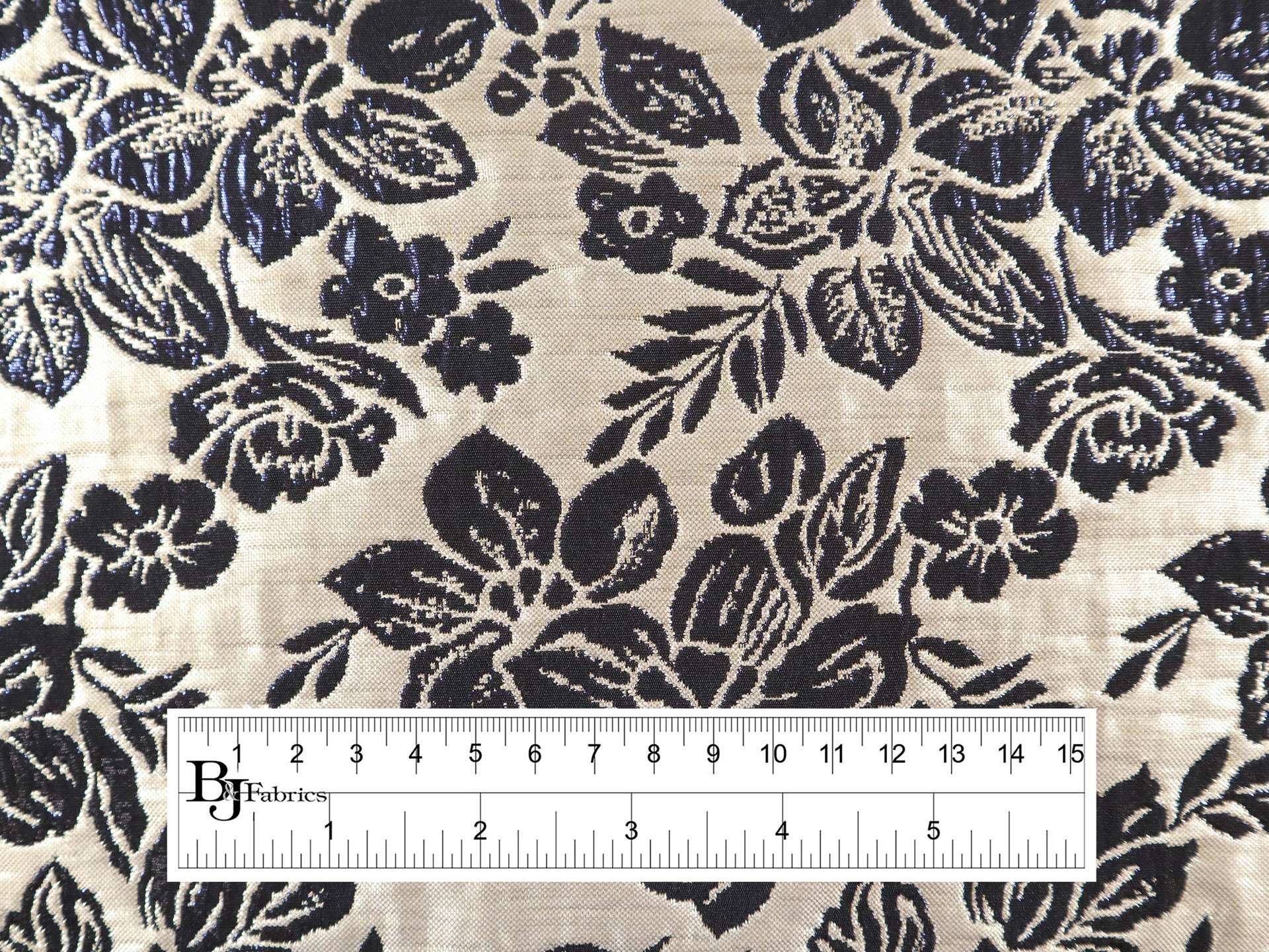 Metallic Brocade with Tropical Florals in Blue & Pale Gold