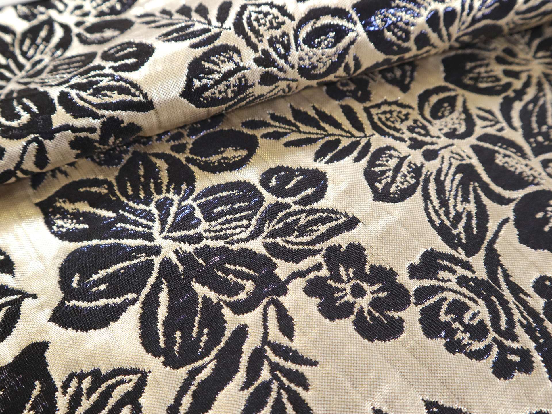 Metallic Brocade with Tropical Florals in Blue & Pale Gold