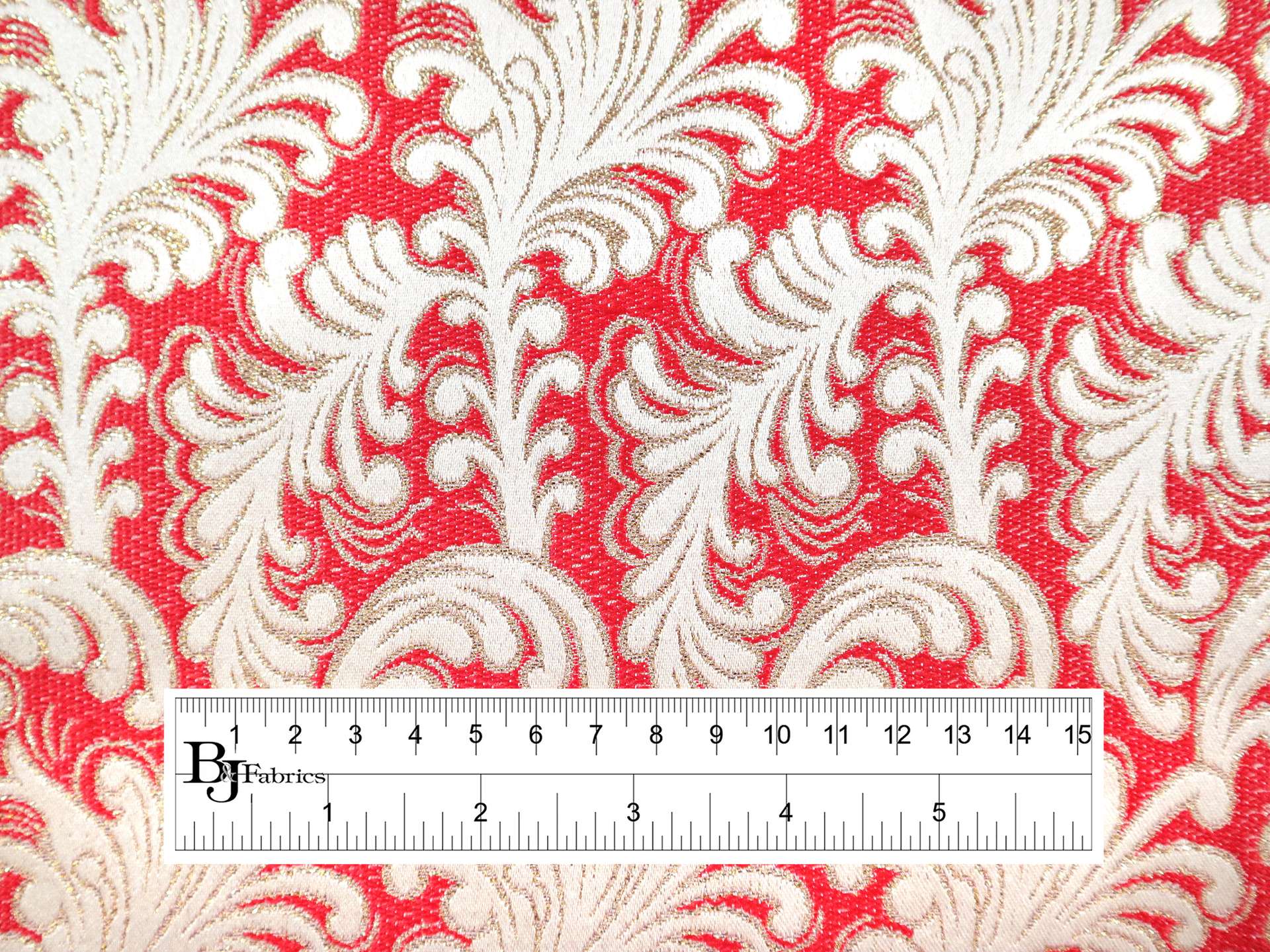Metallic Brocade with Lush Feathers in Red & Gold