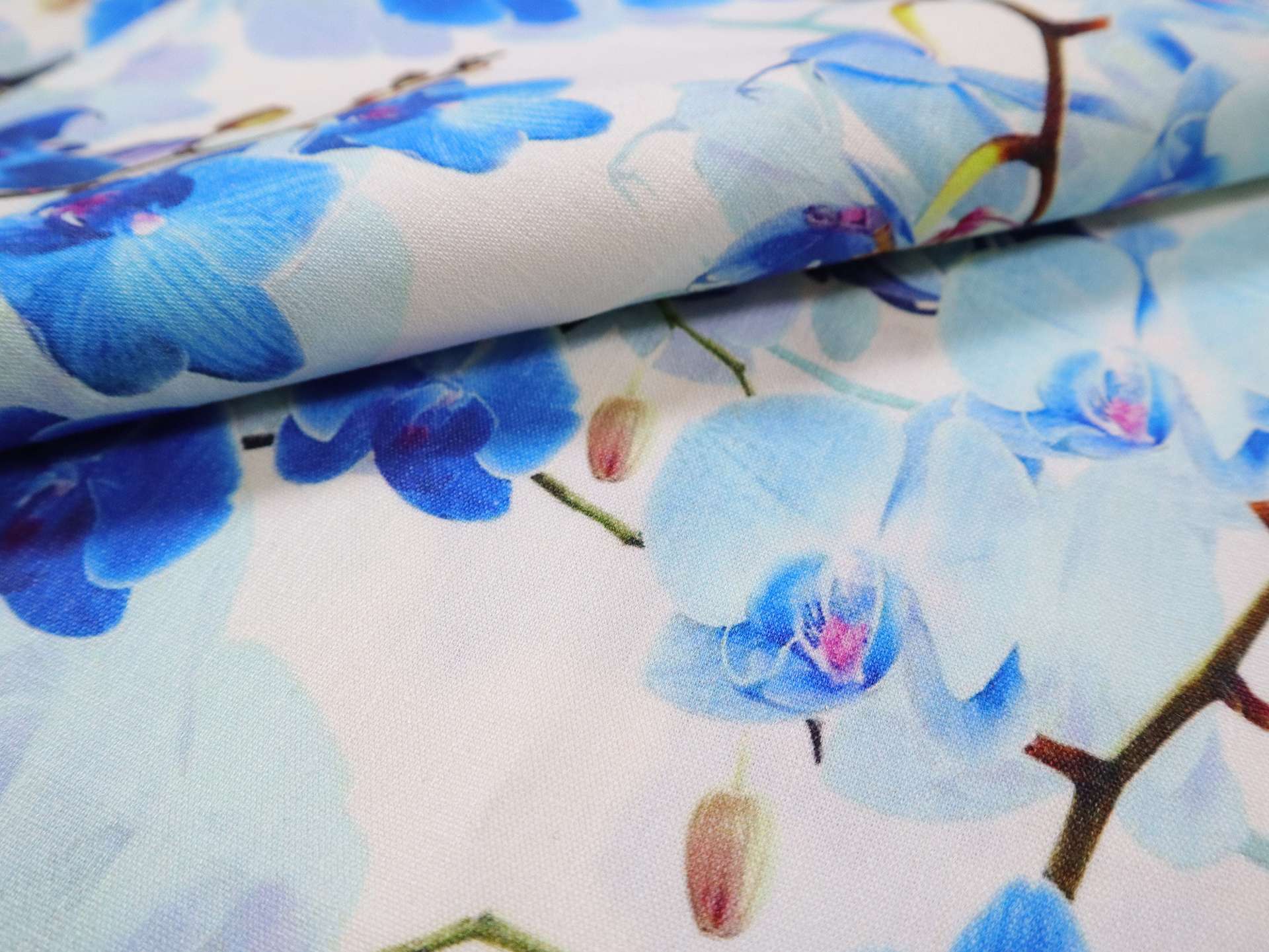 Stretch Linen with Blue Orchids Print