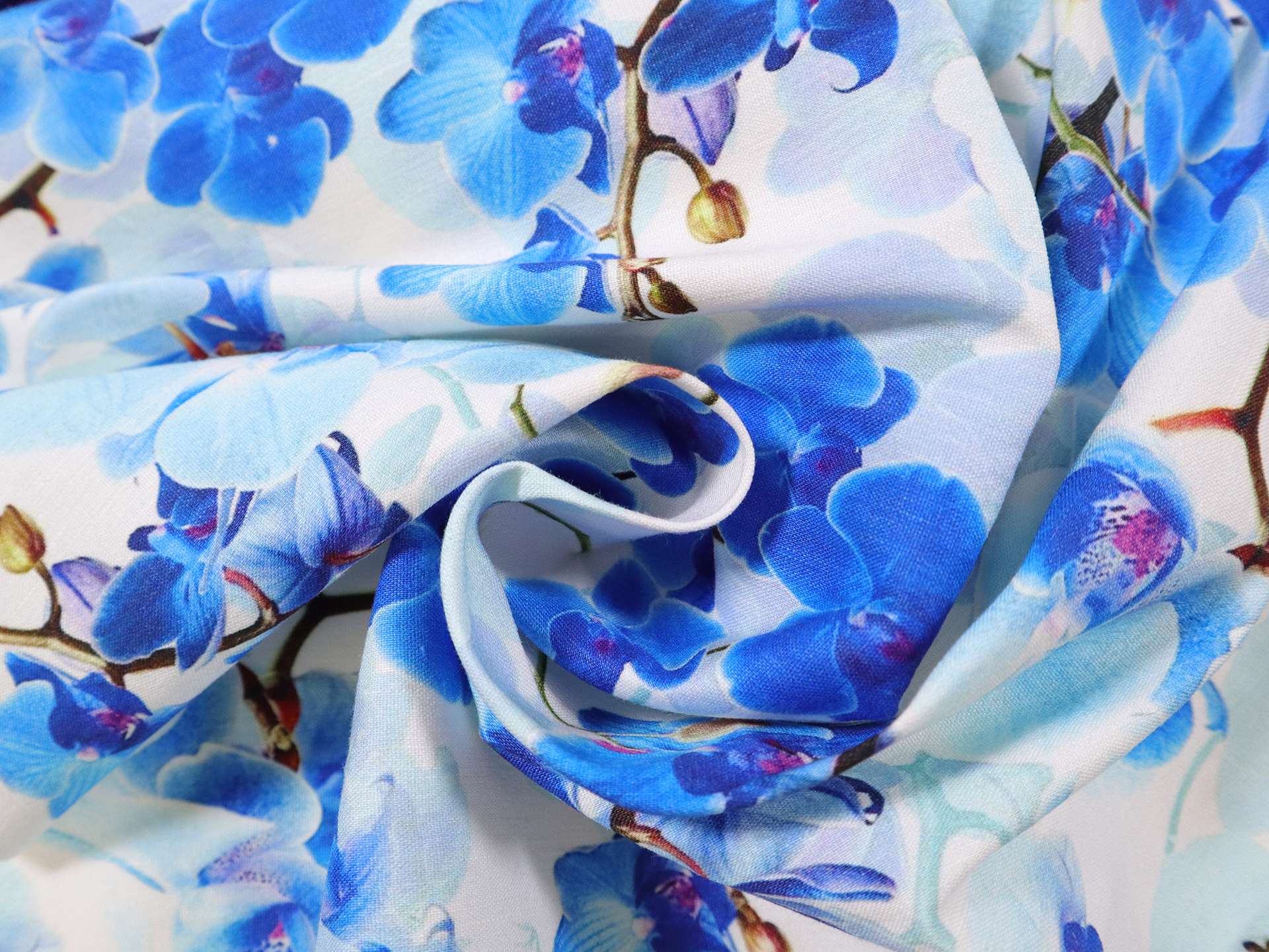 Stretch Linen with Blue Orchids Print