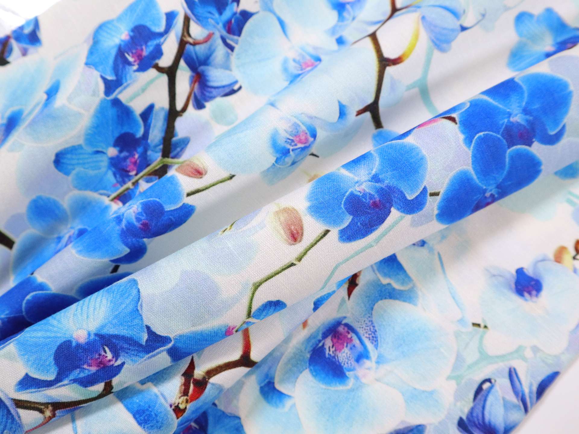 Stretch Linen with Blue Orchids Print