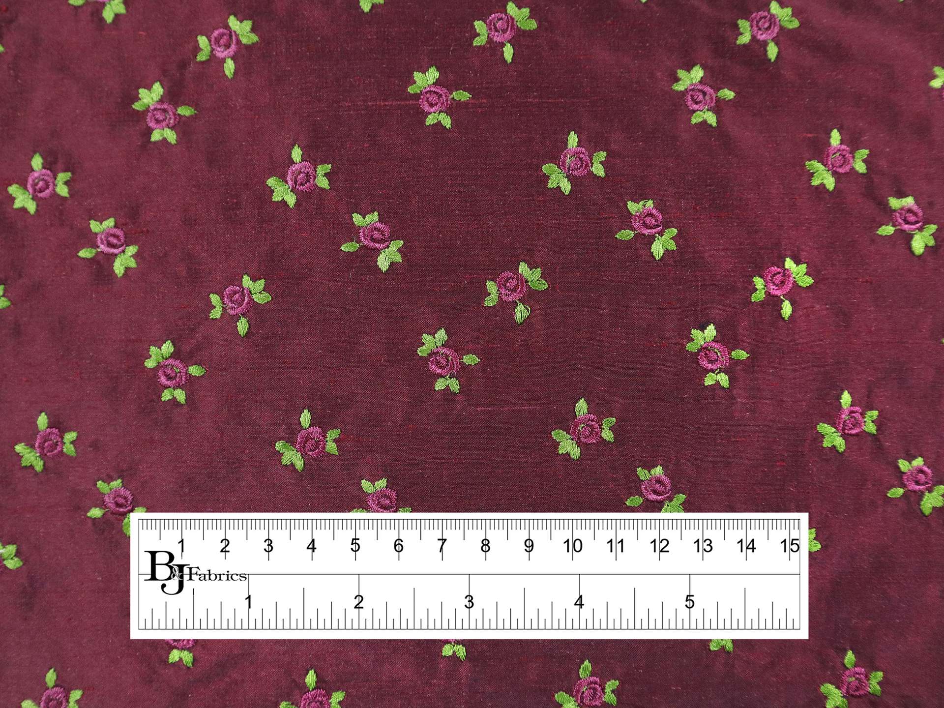 Silk Shantung with Embroidered Roses in Wine