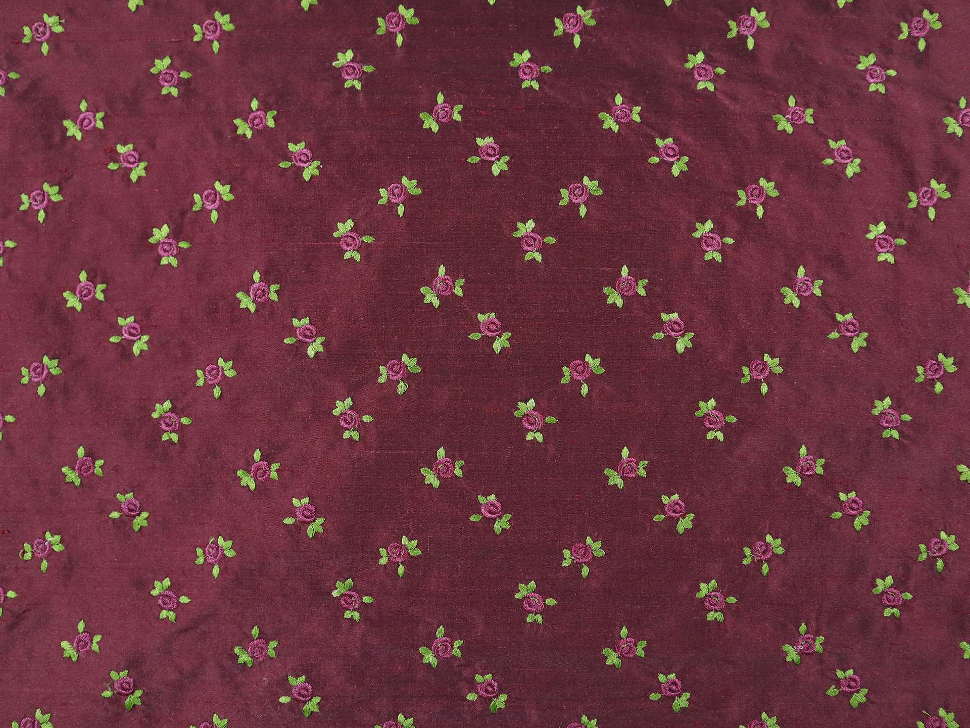 Silk Shantung with Embroidered Roses in Wine