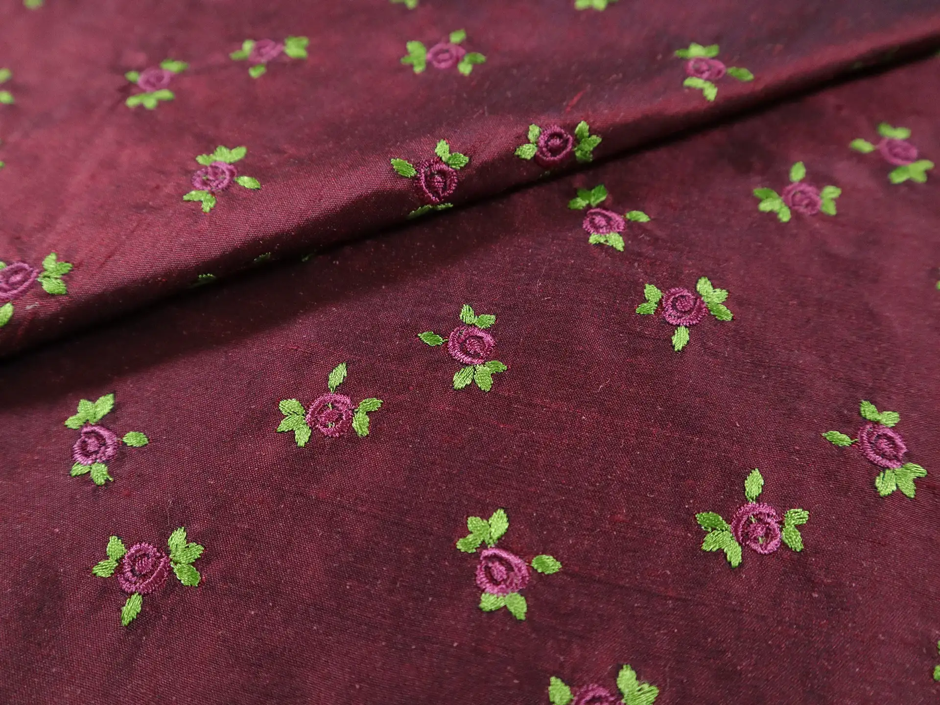 Silk Shantung with Embroidered Roses in Wine