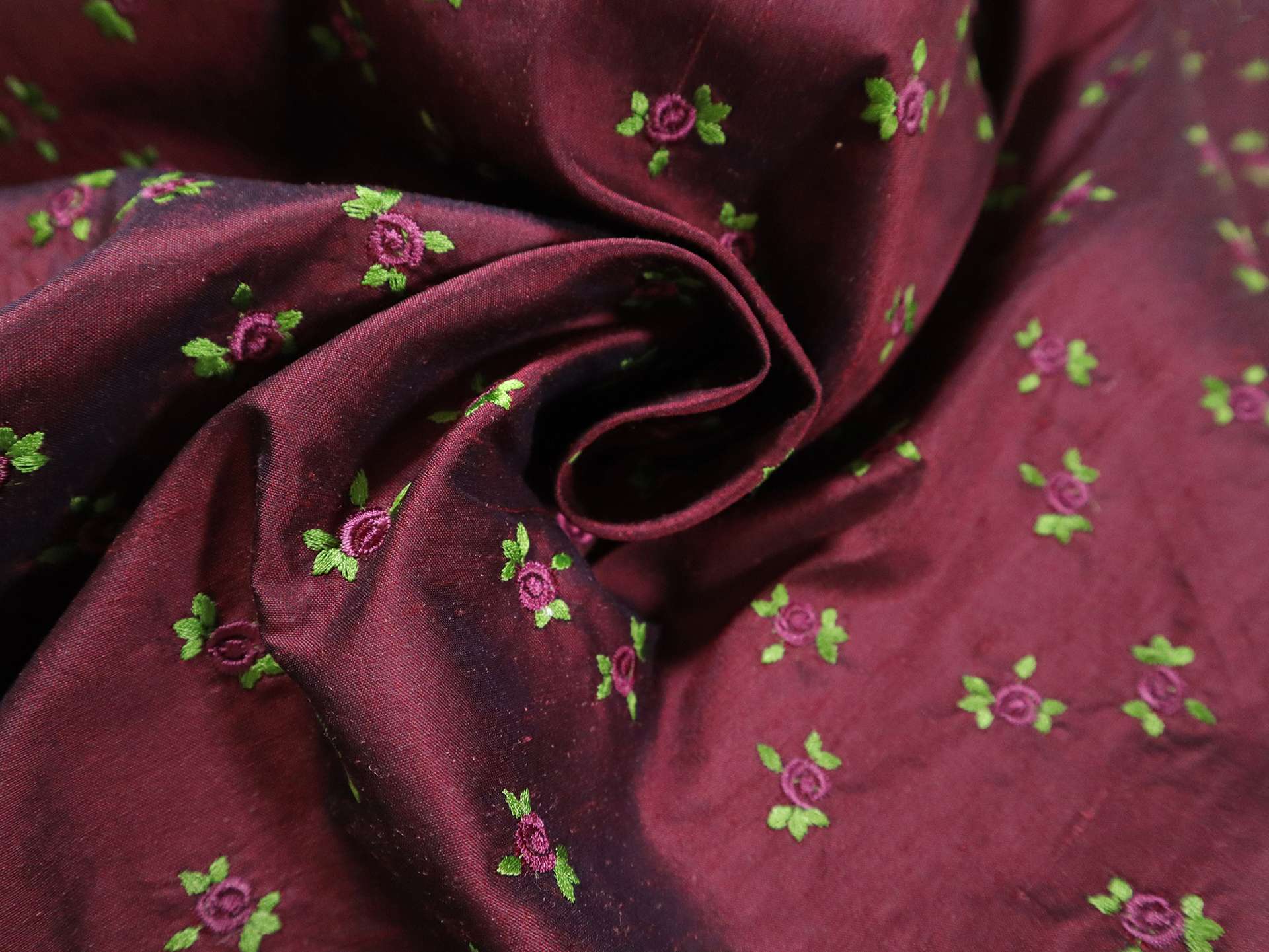 Silk Shantung with Embroidered Roses in Wine