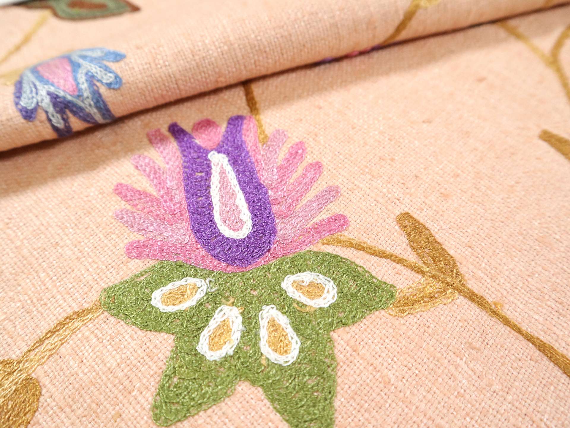 Crewel Embroidered Silk Matka in Peach