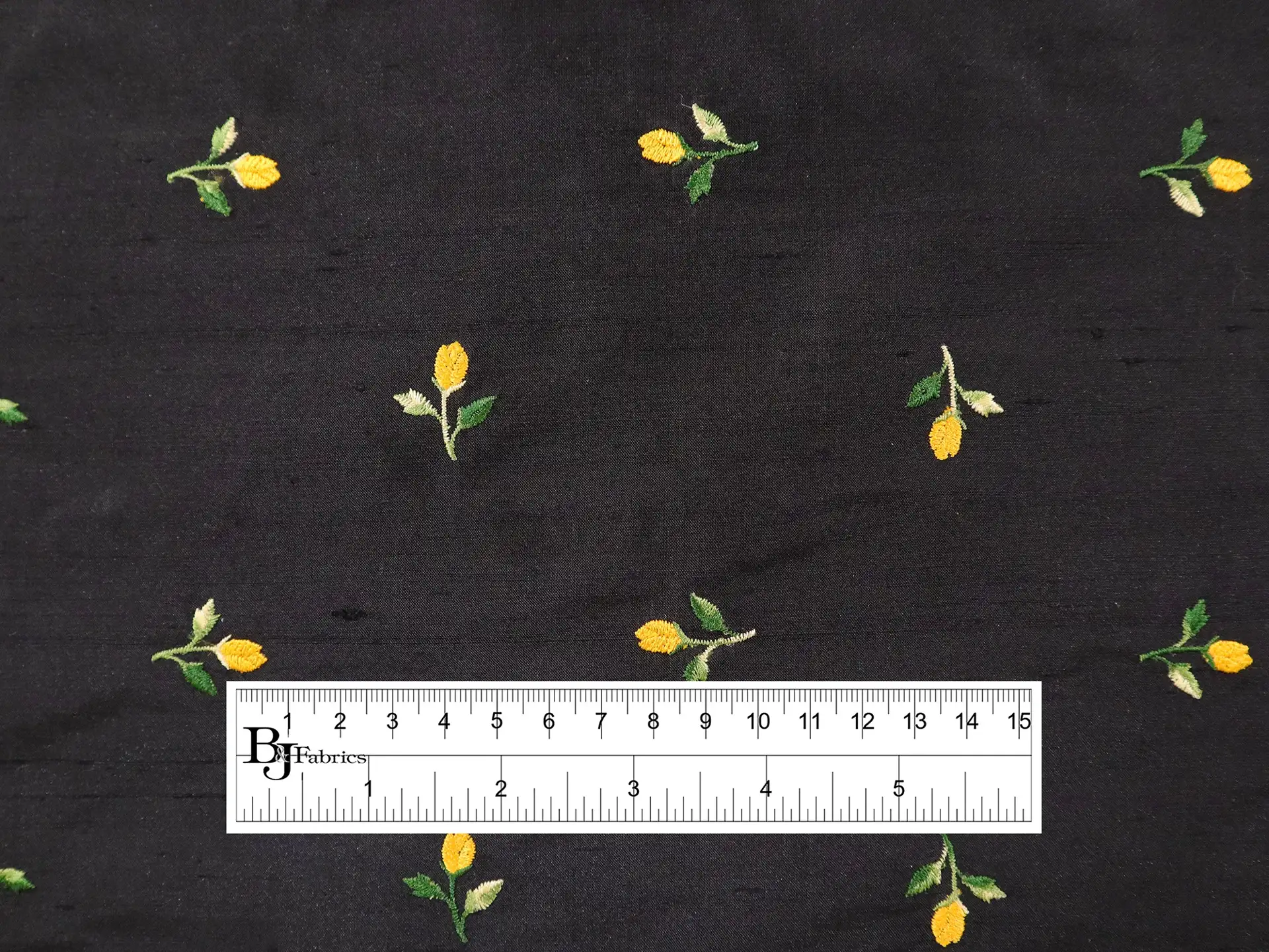 Silk Shantung with Embroidered Tulips in Black