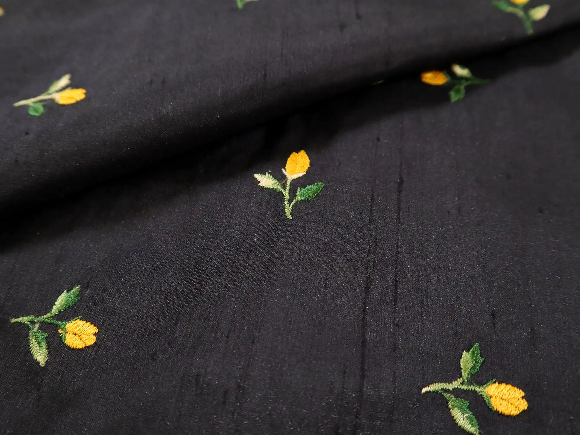 Silk Shantung with Embroidered Tulips in Black