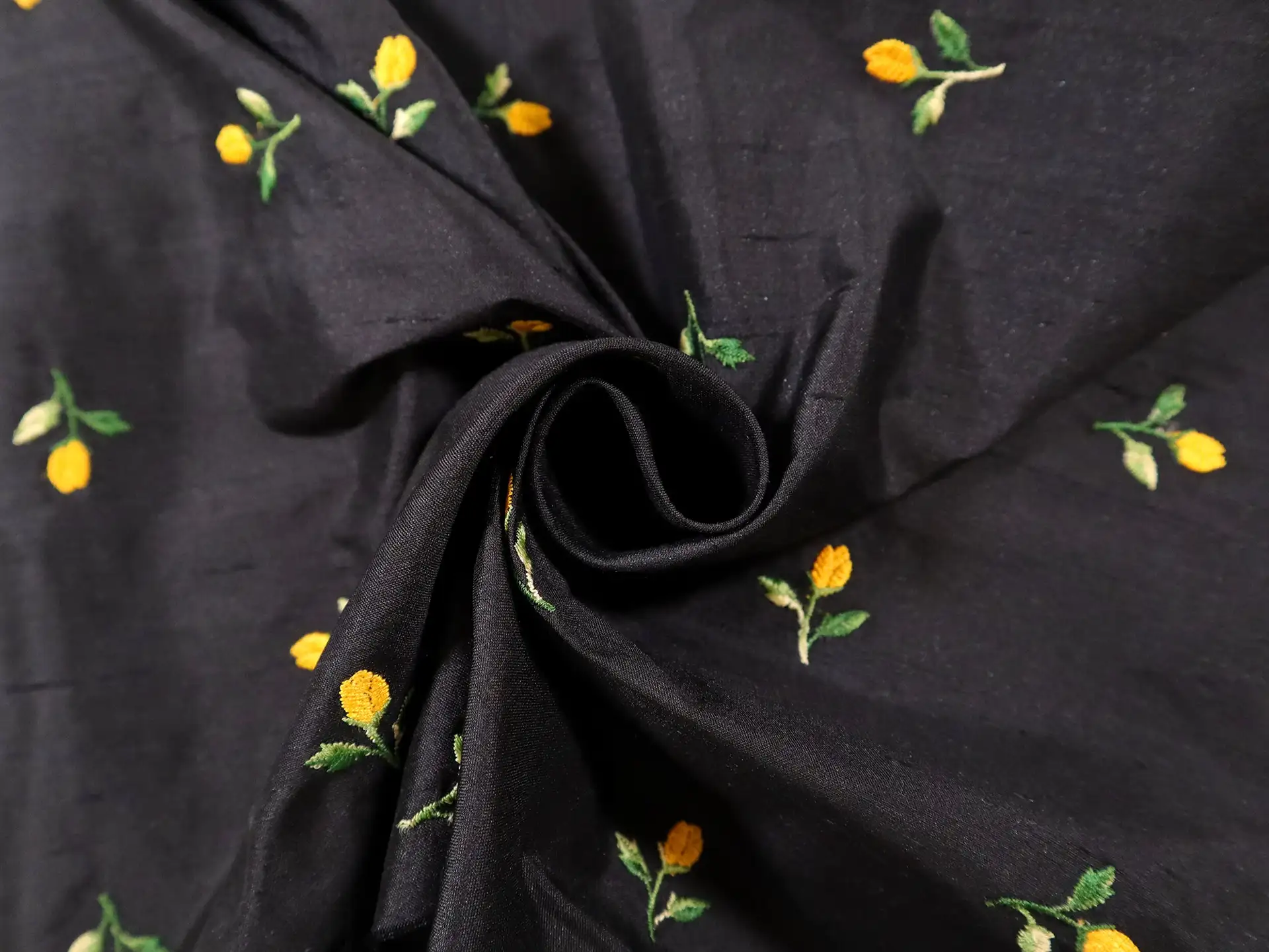 Silk Shantung with Embroidered Tulips in Black