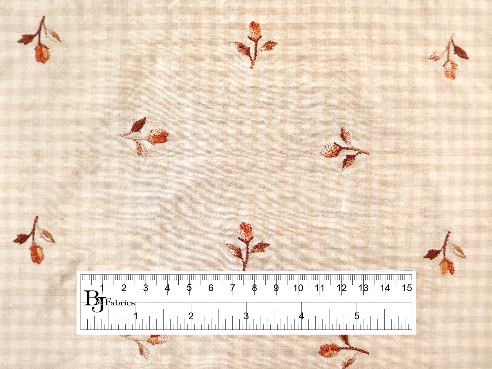 Silk Shantung Gingham with Floral Embroidery in Beige