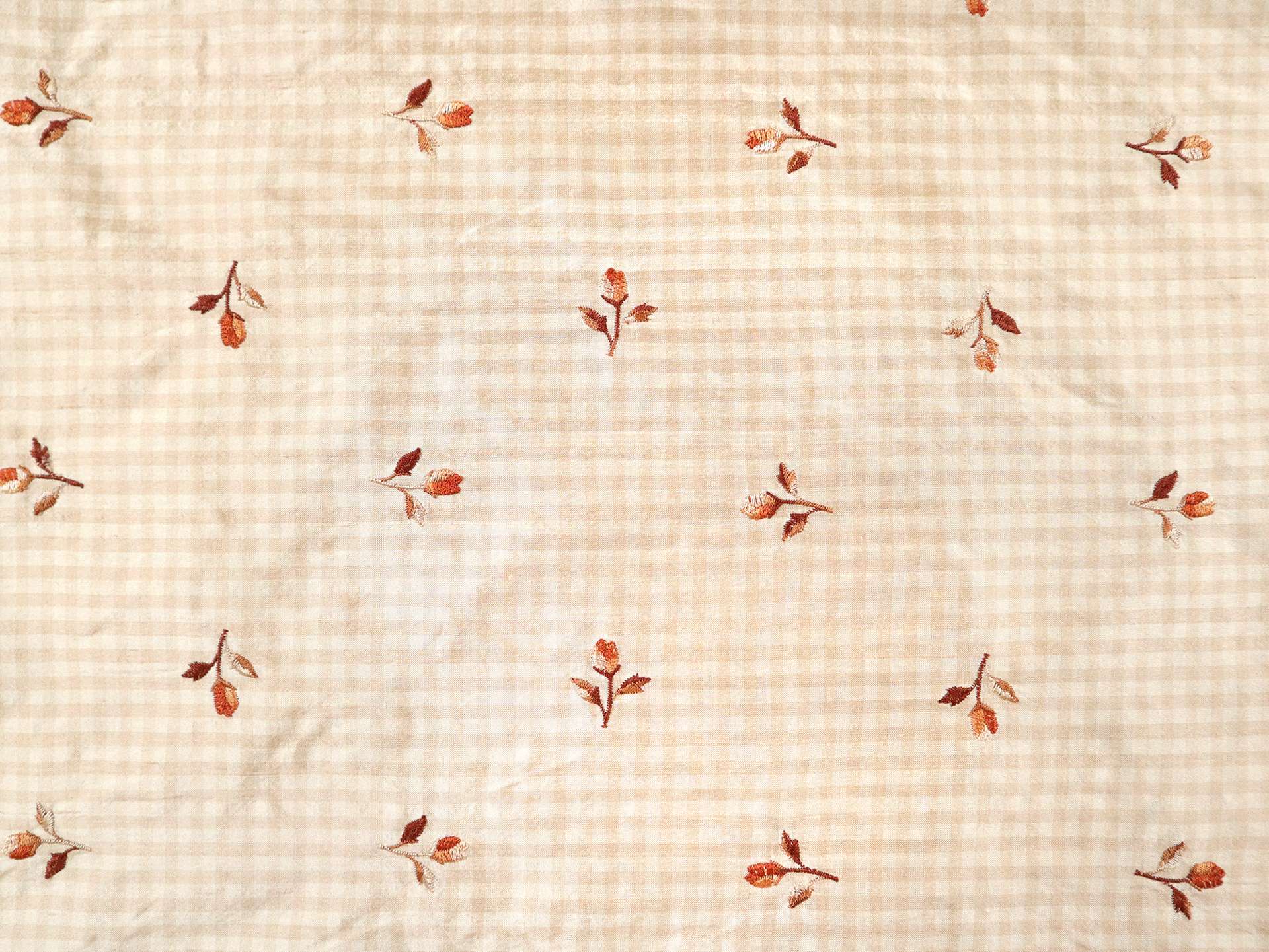 Silk Shantung Gingham with Floral Embroidery in Beige