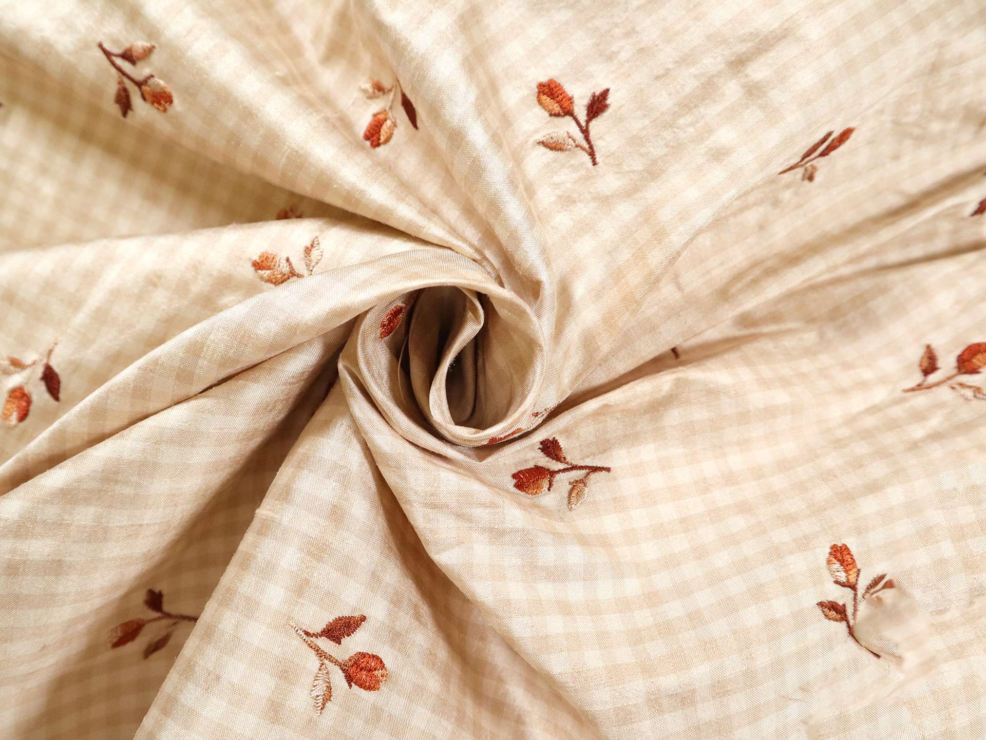 Silk Shantung Gingham with Floral Embroidery in Beige