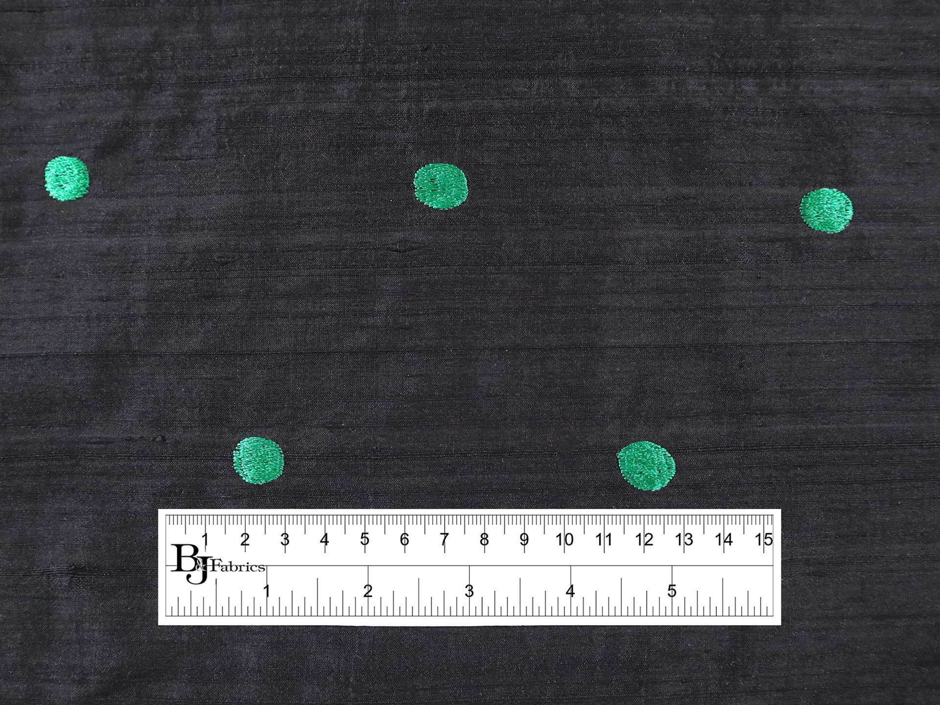 Silk Shantung with Embroidered Dots in Black & Emerald