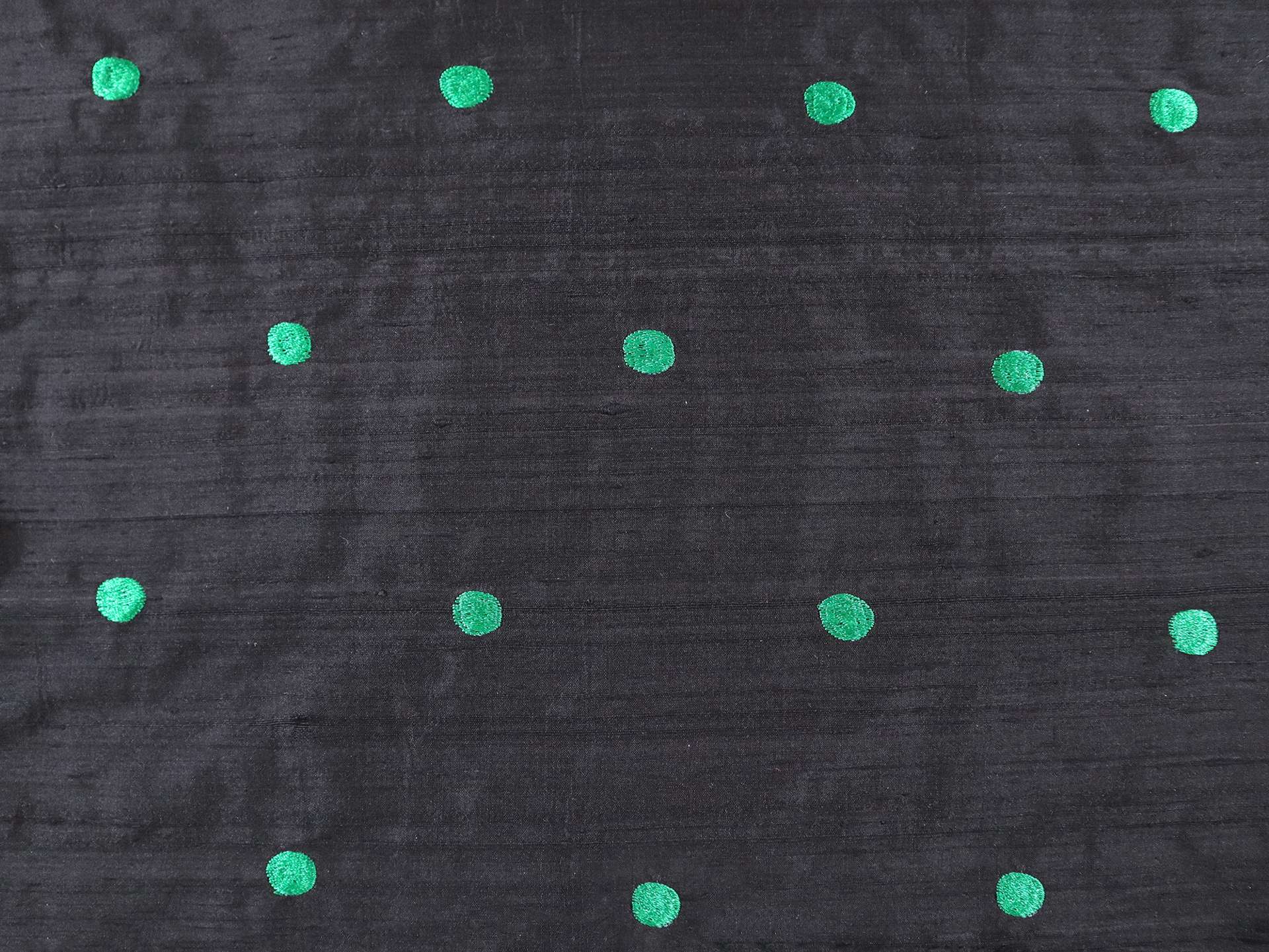 Silk Shantung with Embroidered Dots in Black & Emerald