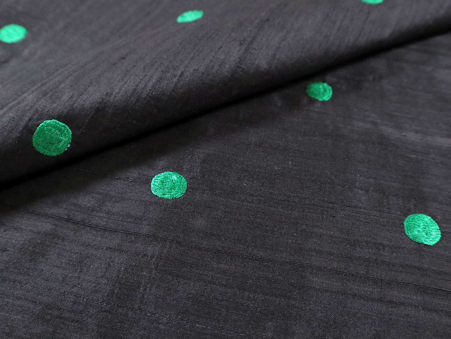 Silk Shantung with Embroidered Dots in Black & Emerald