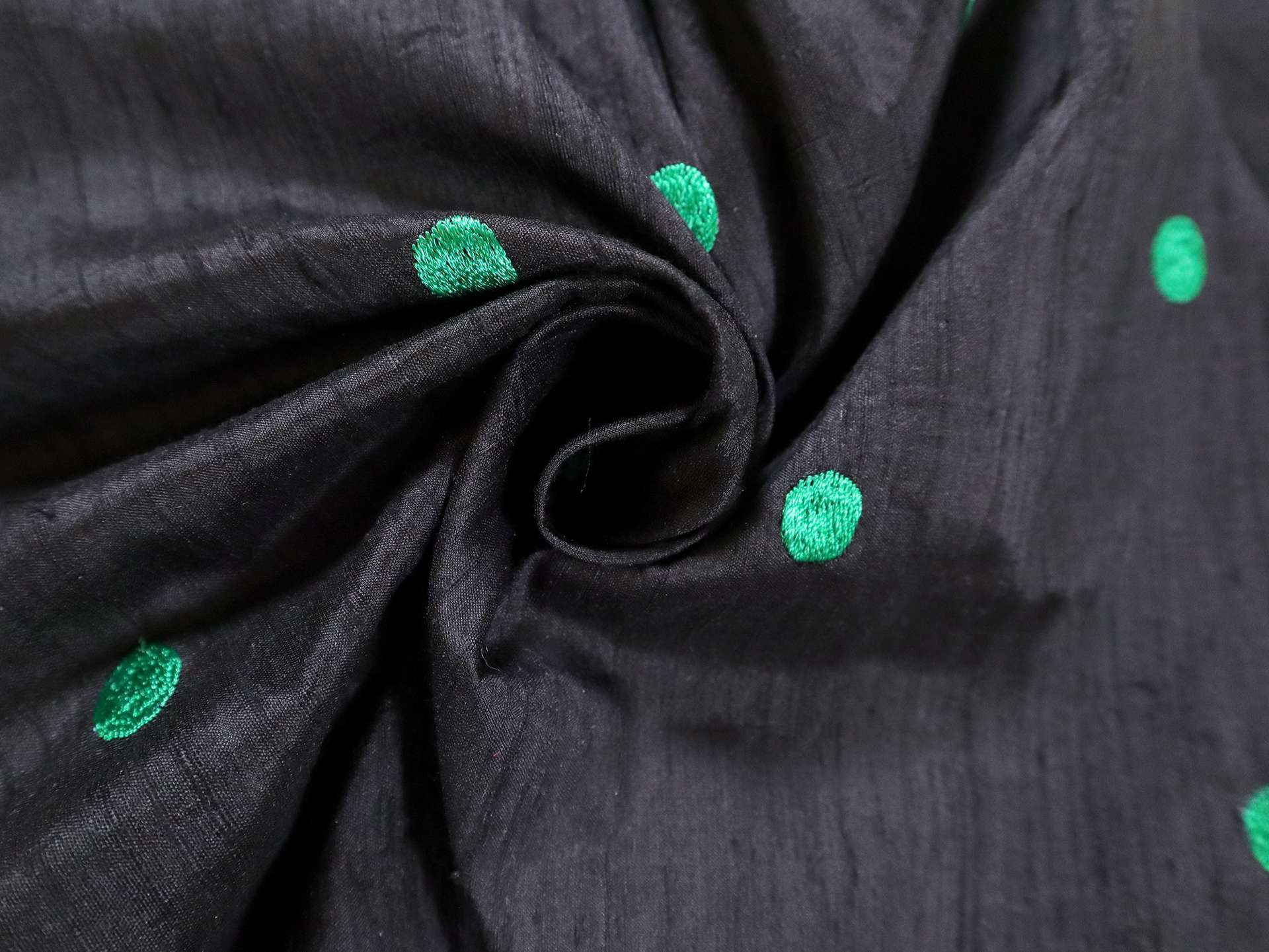 Silk Shantung with Embroidered Dots in Black & Emerald