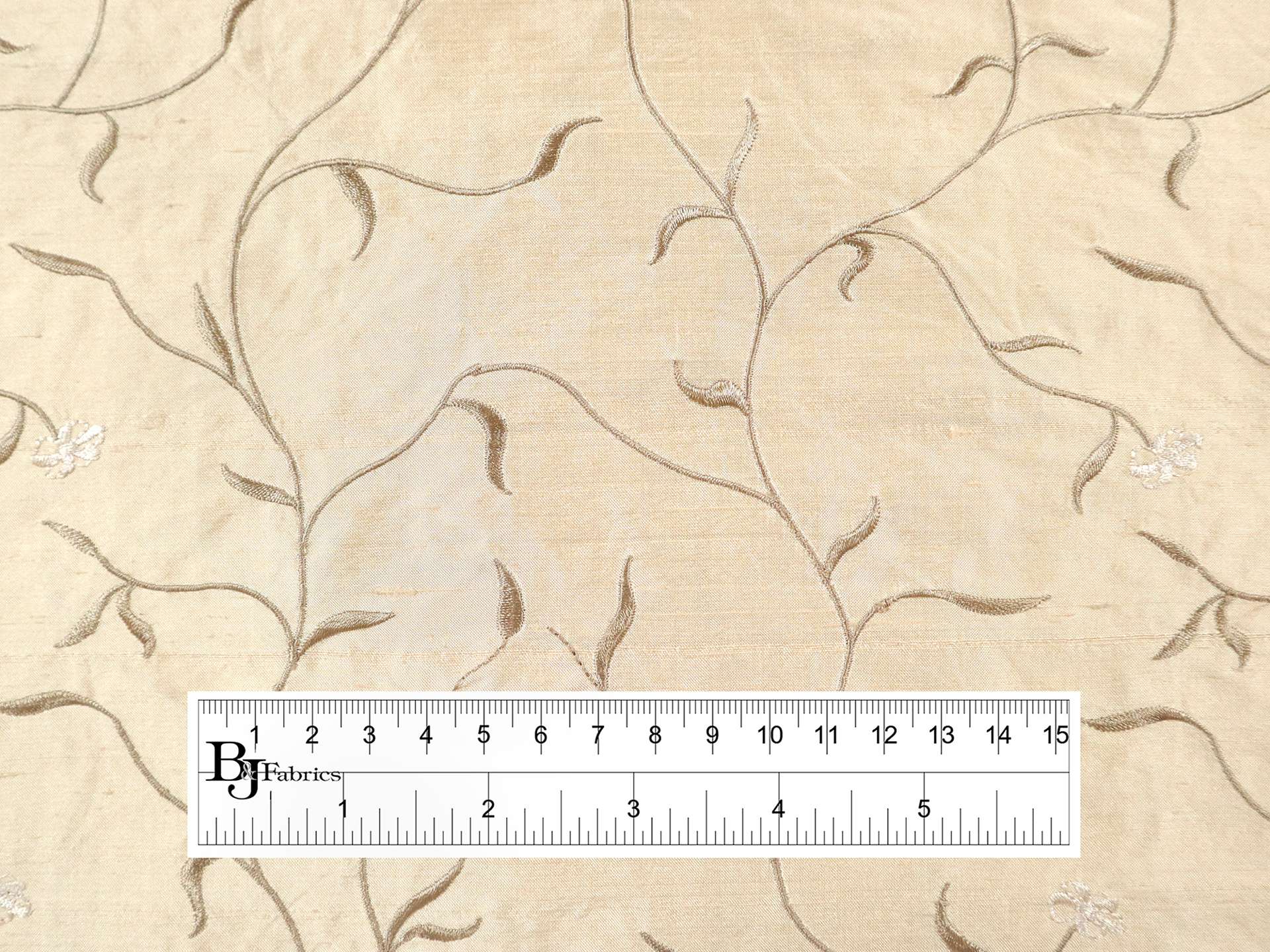 Silk Shantung with Embroidered Leaves in Magnolia