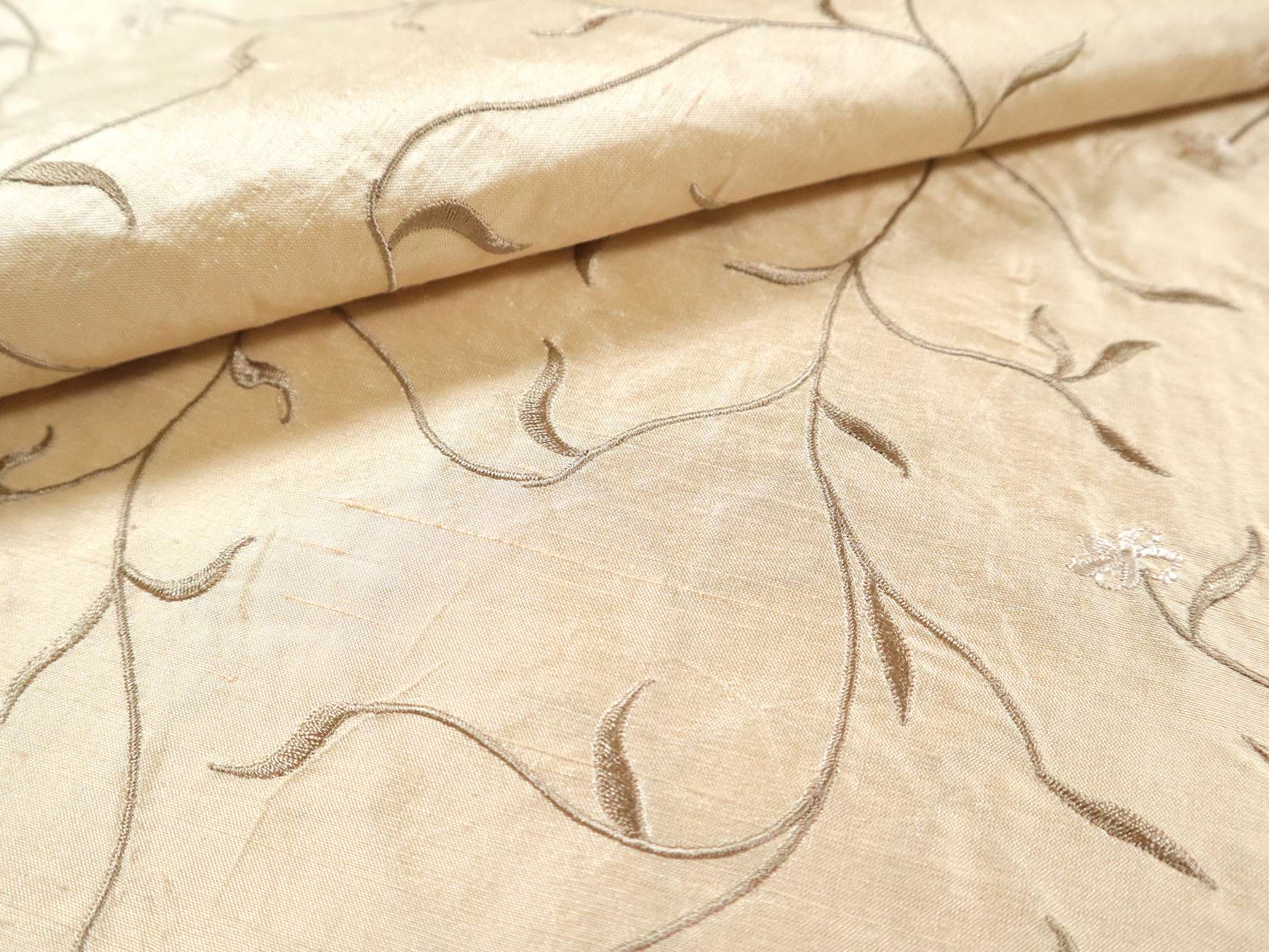 Silk Shantung with Embroidered Leaves in Magnolia