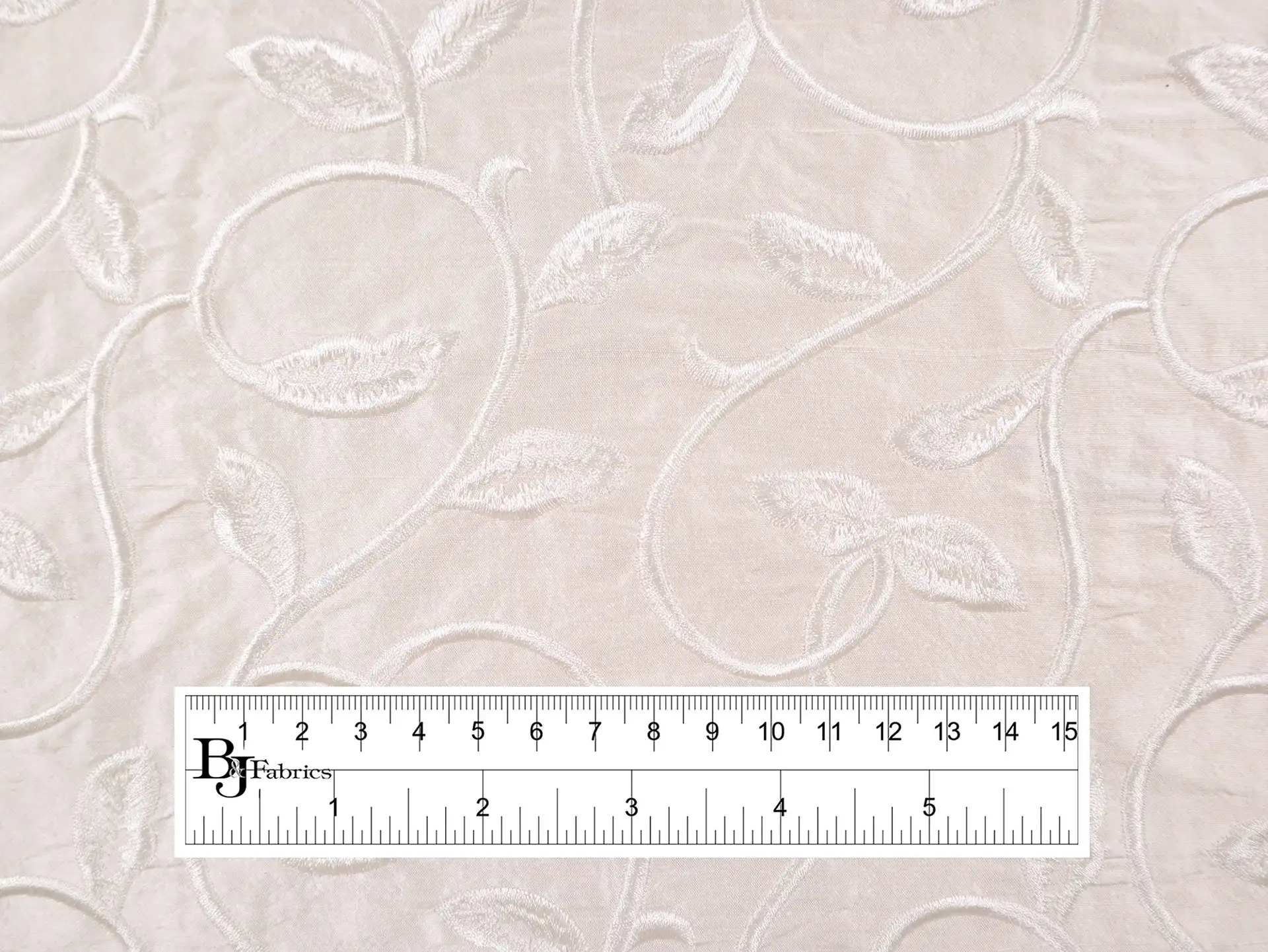 Silk Shantung with Embroidered Leaves in Off White