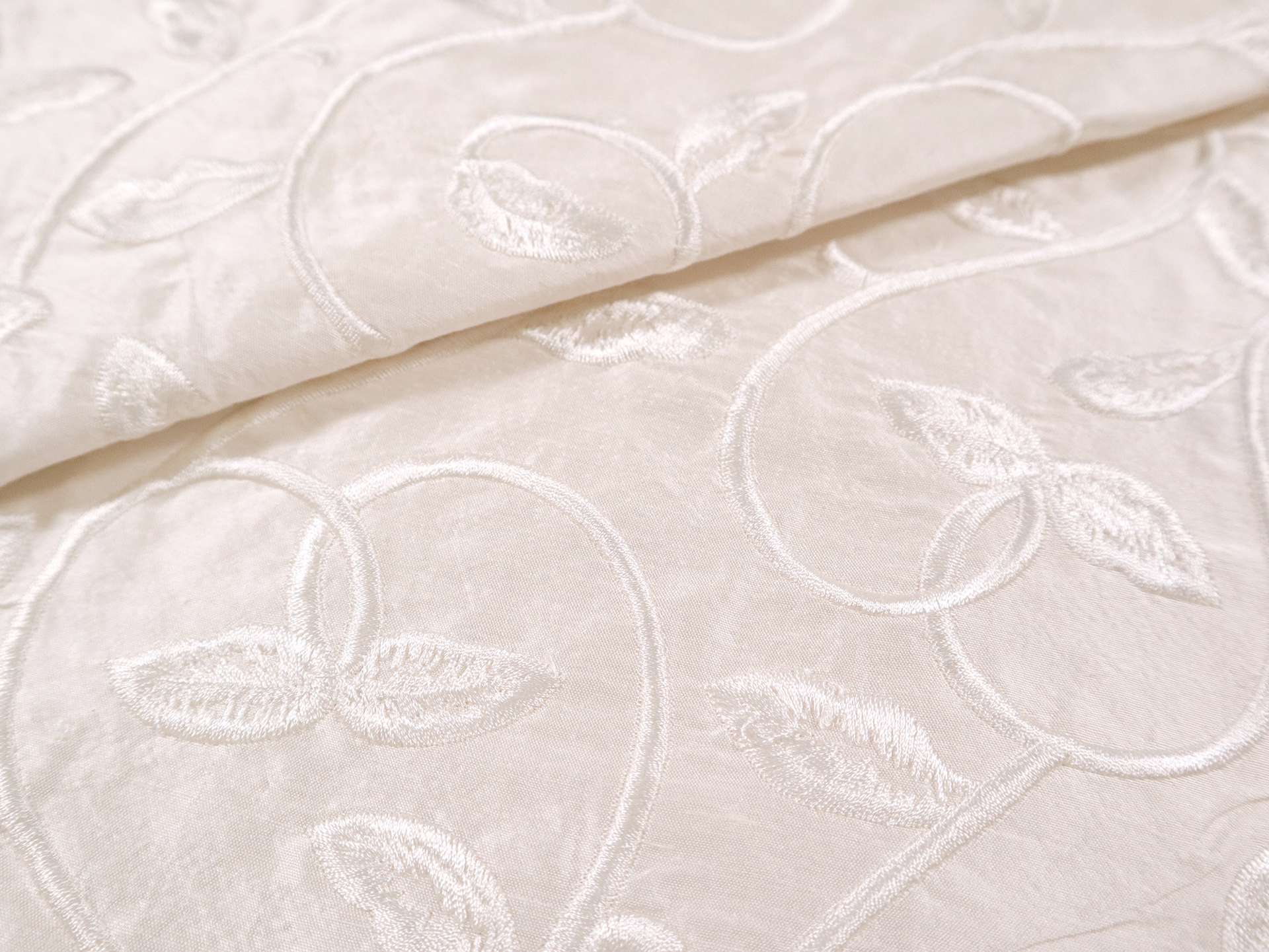 Silk Shantung with Embroidered Leaves in Off White